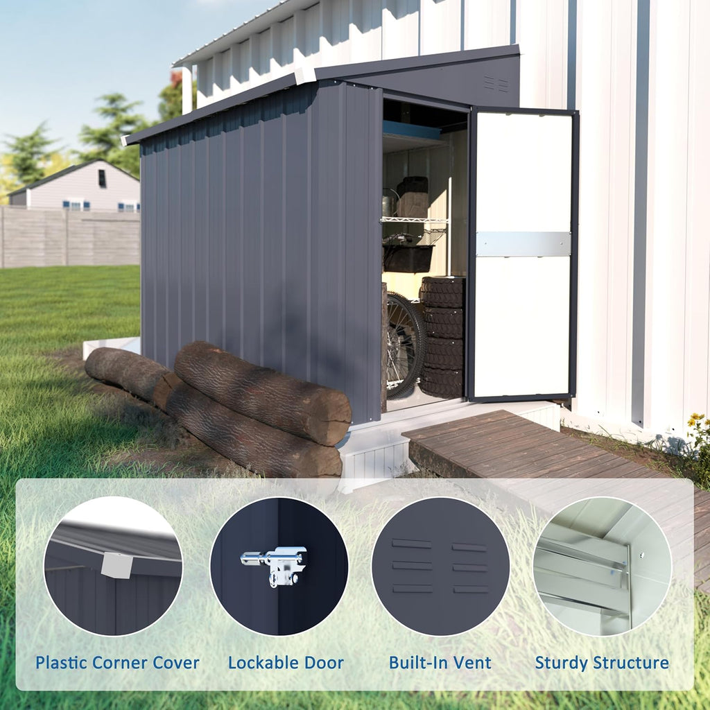MUPATER 4x6 FT Outdoor Storage Shed with Lockable Door, Metal Lean to Shed Garden Tool Shed House, Storage Shed Kit for Patio, Backyard, Lawn, Grey