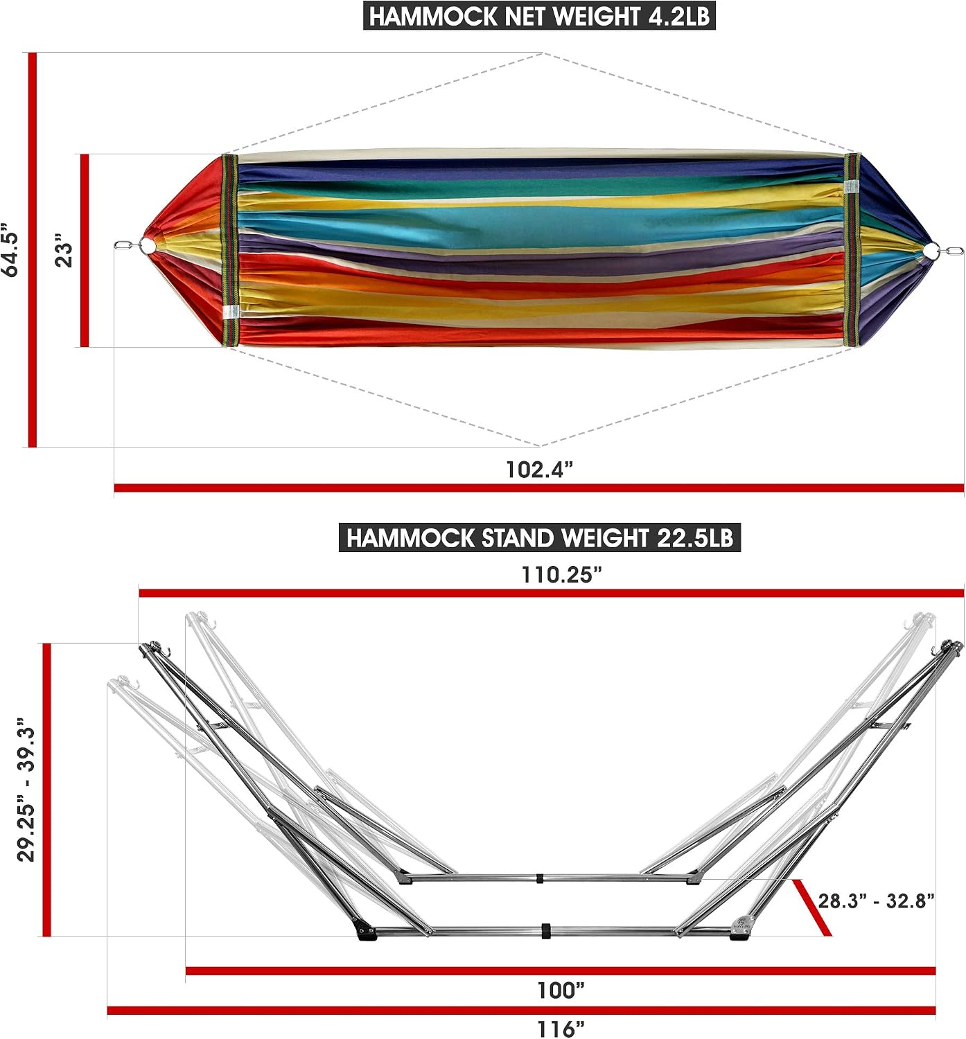 Tranquillo Double Hammock with Stand 550lb Capacity Double Hammock with Spreader Bar, Solid Grade 201 Stainless Steel 30s Set Up, Sturdy Flexible Hammock Stand Portable, Outdoor Indoor, Rainbow