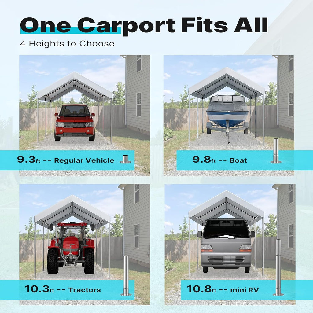 ADVANCE OUTDOOR 10x15 ft Heavy Duty Carport Potable Car Canopy Garage Party Tent Boat Shelter, Adjustable Height from 9.5 ft to 11 ft, White