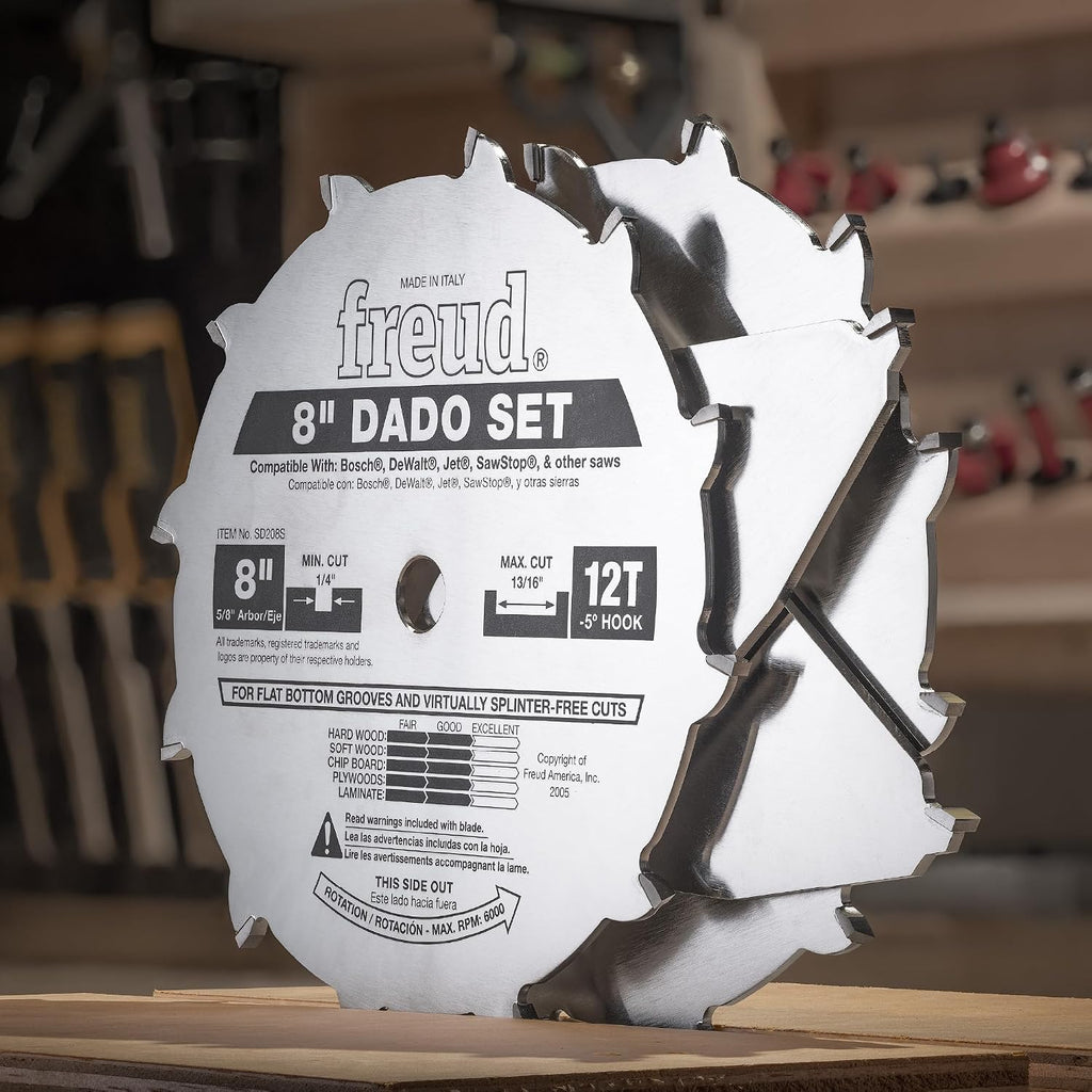 Freud Pro Dado Set with Premium Tico Hi-Density Carbide Crosscutting Blend for Maximum Performance - 8' Diameter, 12 Teeth, 5/8' Arbor, 6000 Max RPM - SD208S