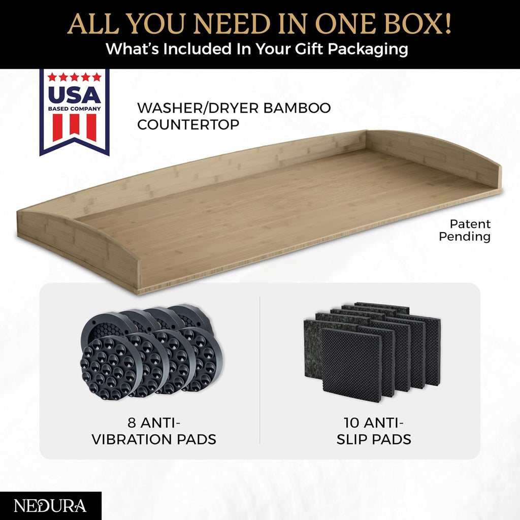 Nedura Washer Dryer Countertop w/Anti-Vibration Pads & Curved Edge Rails, Premium Bamboo Laundry Countertop, Washer Dryer Topper, Laundry Room Organization, Laundry Room Accessory - Driftwood