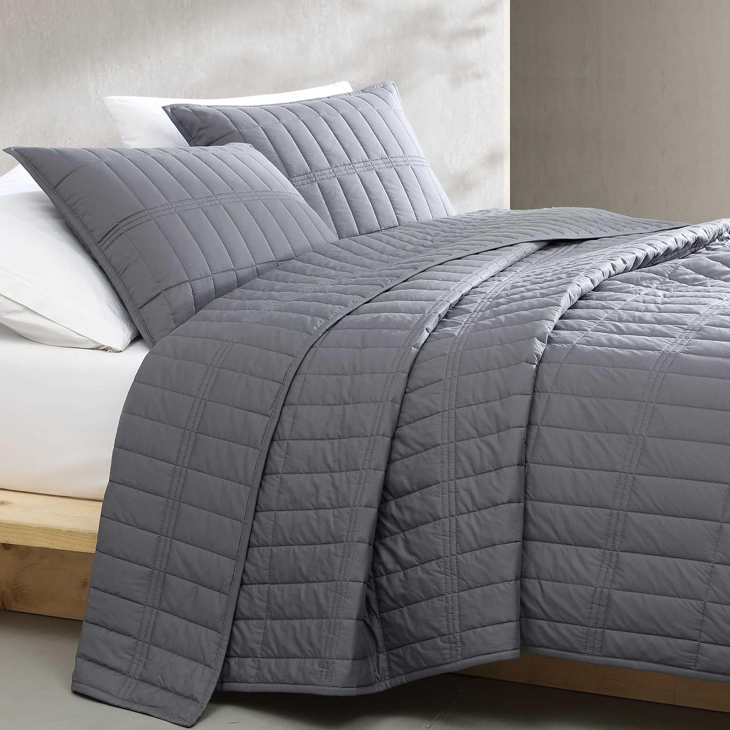 Calvin Klein - Queen Quilt Set, Cotton Percale Weave Bedding with Matching Shams, Crisp & Cool, Oeko-Tex Certified (Washed Percale Graphite Grey)