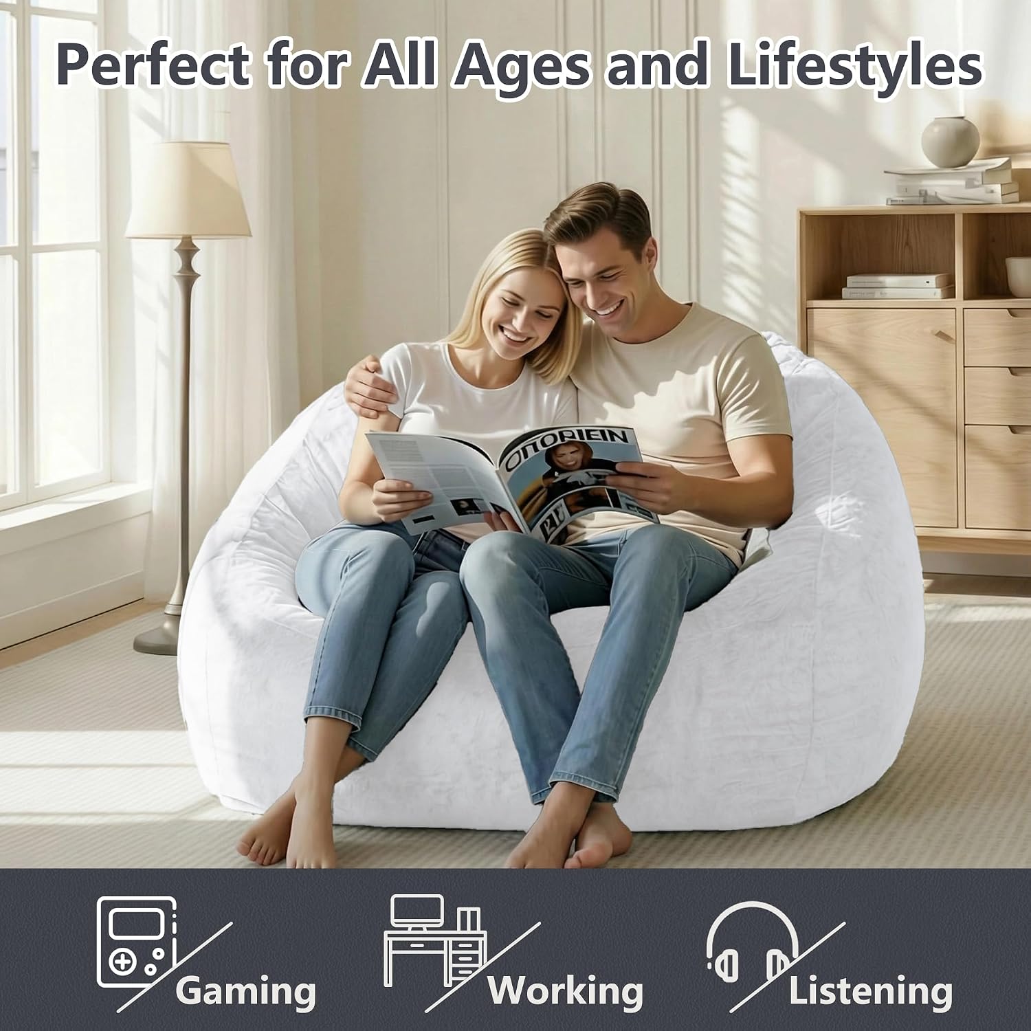 Bean Bag Chairs for Adults, Giant Beanbag Sofa Comfy Reading Chair, Oversized Bean Bag Chairs for Living Room Bedroom, Soft Faux Fur Fabric, 3.2FT, Light Grey, Plush
