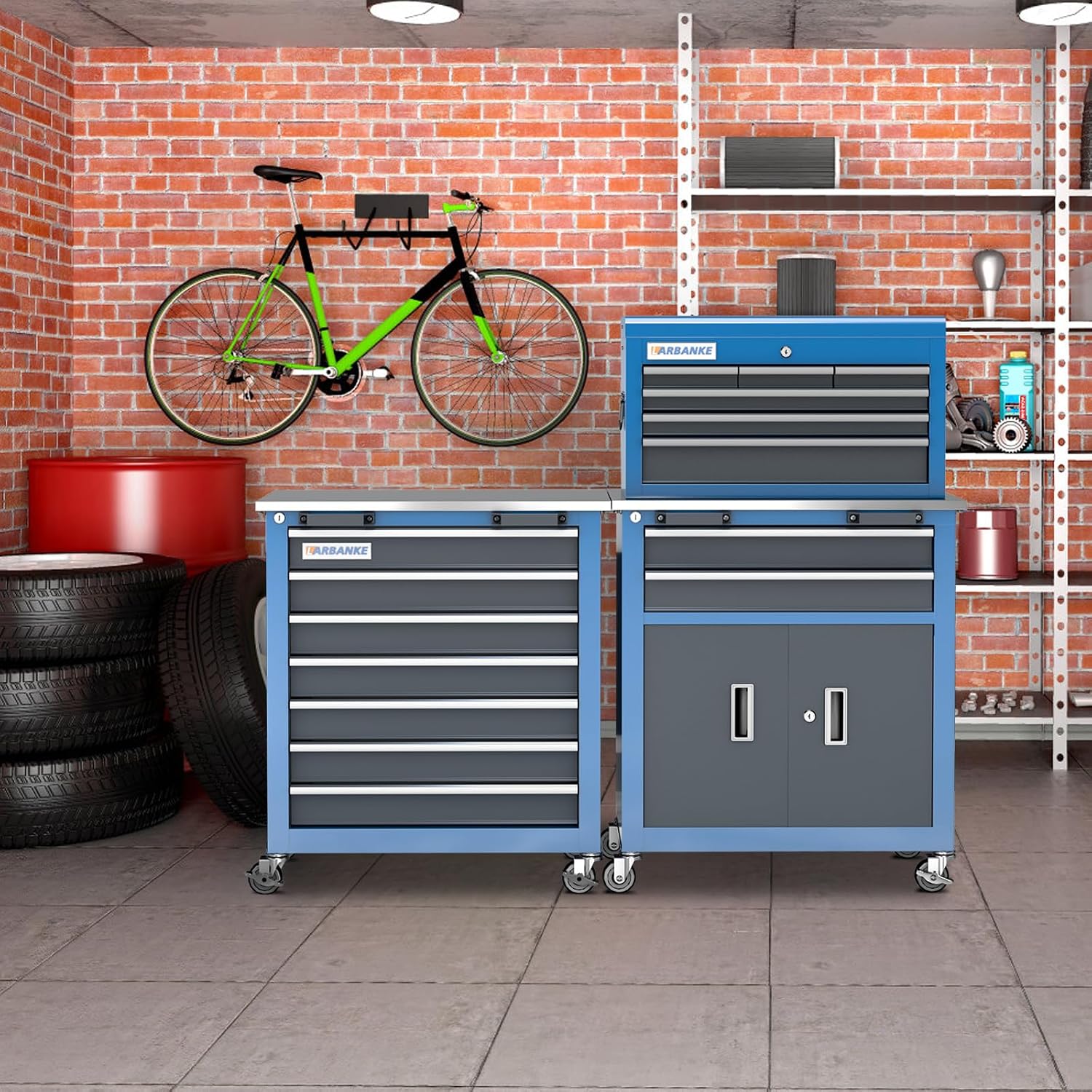 Rolling Tool Chest with Connection Buckle,7-Drawer Tool Chest and 8-Drawer Tool Box with Metal Stainless Tabletop,Locking System Storage Tool Cabinet with 360° Brake Swivel Wheels and Foot Pad