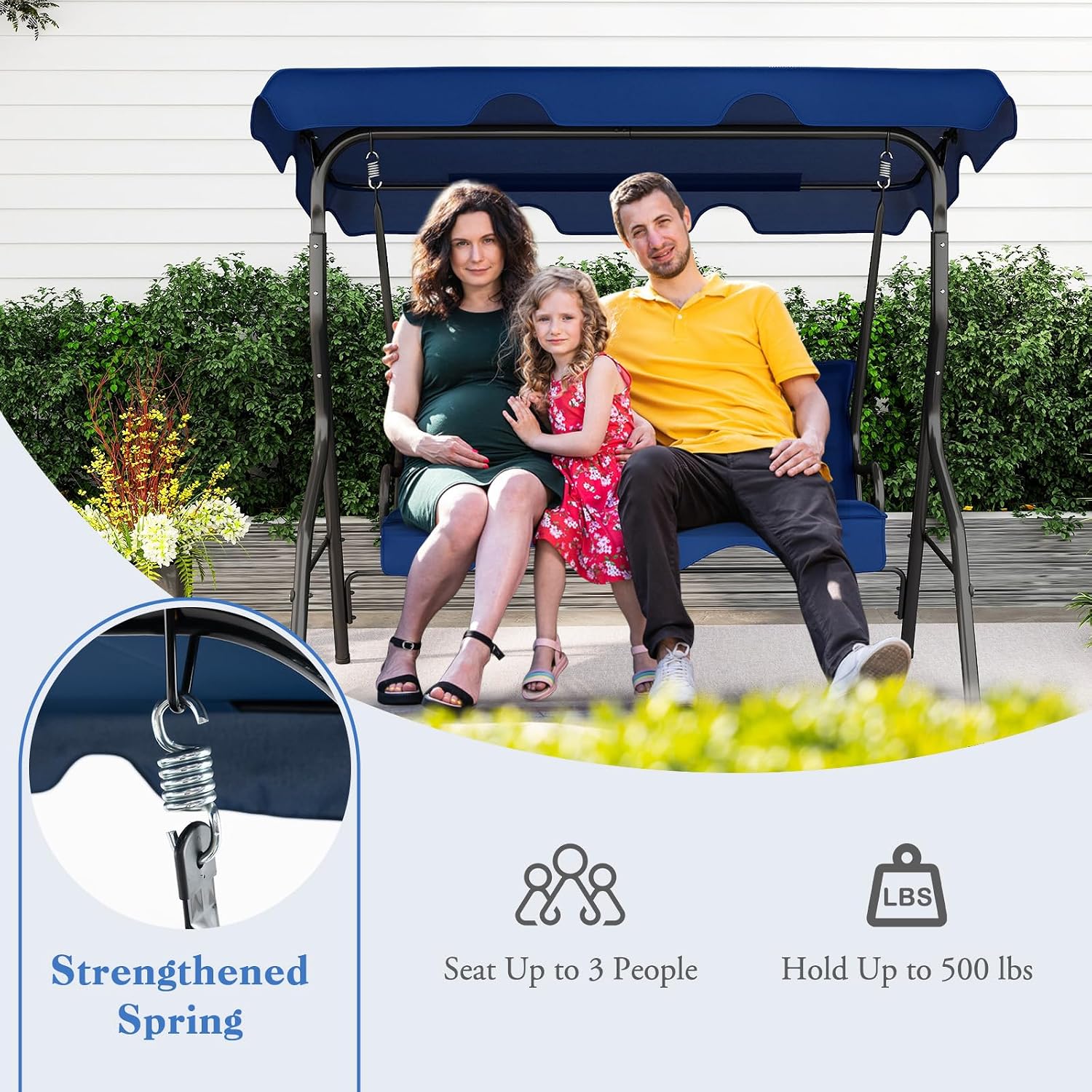 DREAMADE Porch Swing Outdoor, 3 Person Patio Swing w/Removable Cushion, Stand & Adjustable Canopy, Heavy Duty Swing Chair for Patio, Garden, Courtyard, Poolside