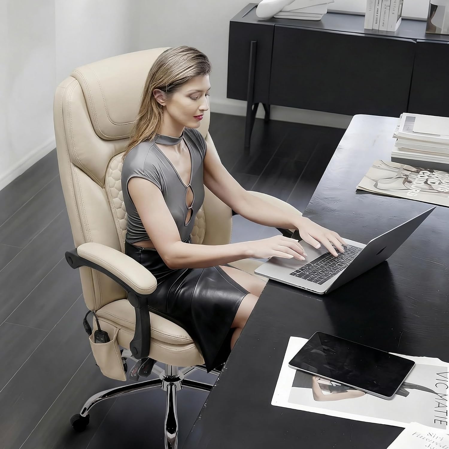 MALOL Massage Office Chair with Heat and Footrest - 3-Level 65°C Targeted Heating, 20-Min Easy Assembly Leather Desk Chair, Big and Tall Executive Computer Chair with Side Pocket, 300 lbs, Beige