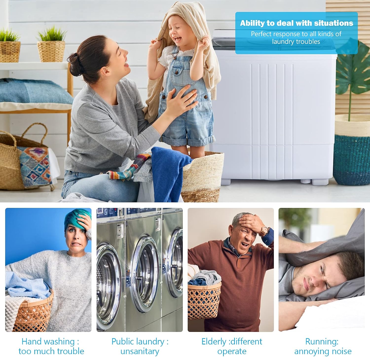 COSTWAY Portable Washing Machine, Twin Tub 21Lbs Capacity, Washer(14.4Lbs) and Spinner(6.6Lbs), Laundry Machine with Control Knobs, Built-in Drain Pump, Compact Washer for Apartment, RV, Grey