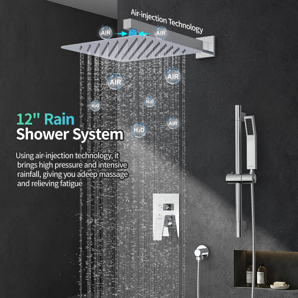 SR SUN RISE 12 Inch Slide Bar Shower System, Square Rain Shower Head and Handheld Spray, Wall Mounted Shower Faucets Sets Complete Included Valve and Shower Trim Kit, Polished Chrome