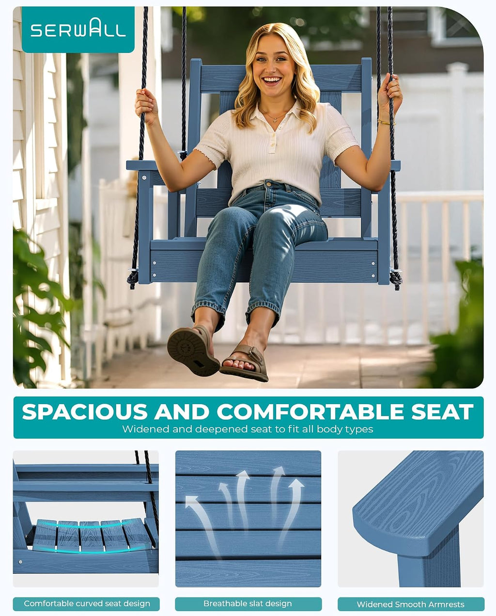 SERWALL HDPE Single Porch Swing, Heavy Duty Single Person Swing Chair with 2 Polypropylene Hanging Ropes, Adirondack Hanging Chair for Outdoor Front Porch Patio Garden Yard, Blue