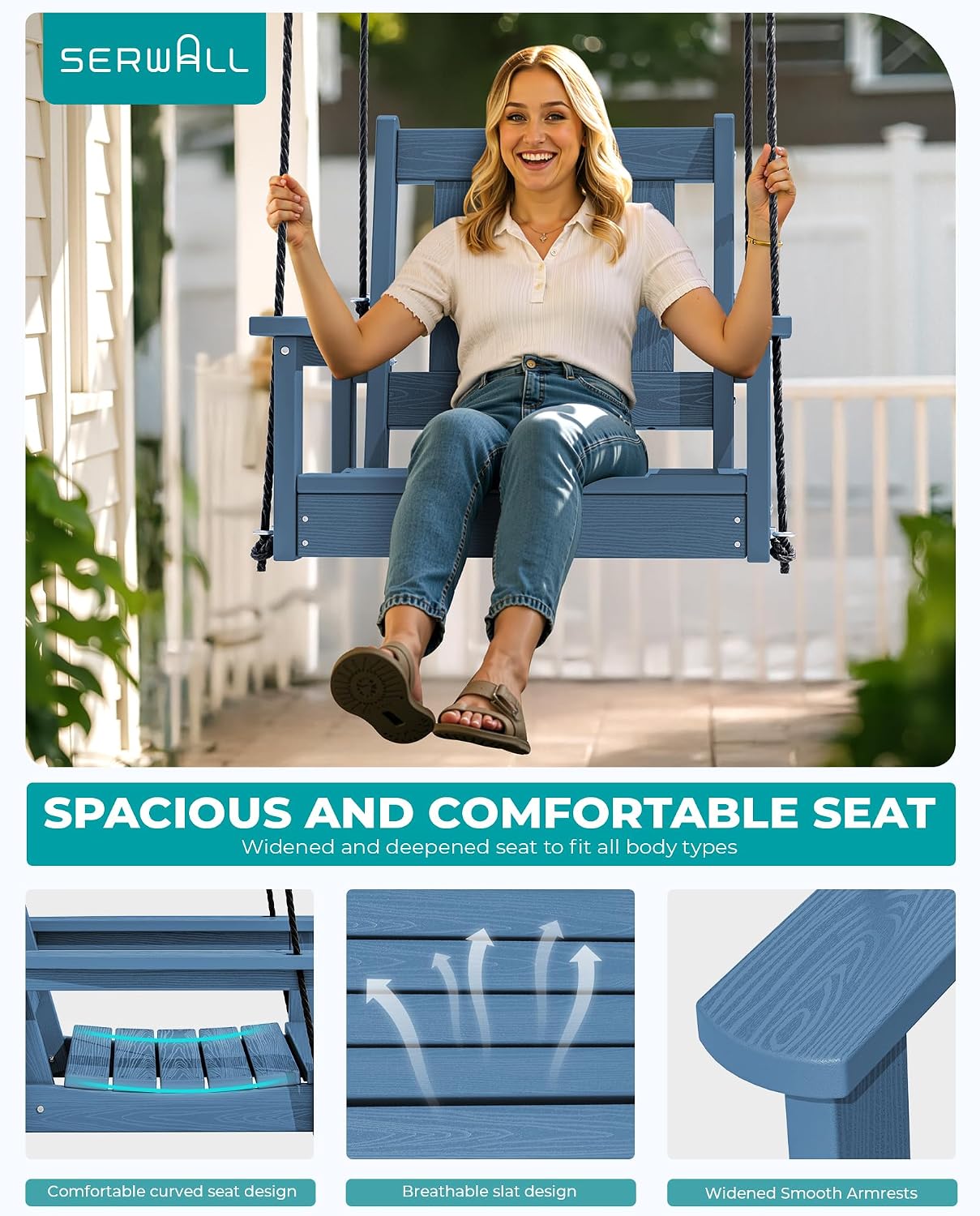 SERWALL HDPE Single Porch Swing, Heavy Duty Single Person Swing Chair with 2 Polypropylene Hanging Ropes, Adirondack Hanging Chair for Outdoor Front Porch Patio Garden Yard, Blue