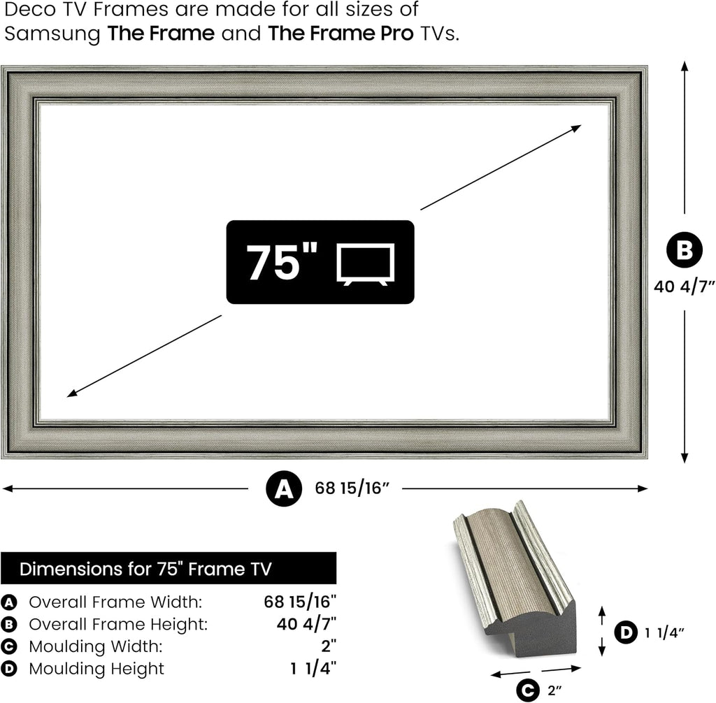 Industrial Nickel 75' Slim Deco TV Frame - Compatible ONLY with Samsung The Frame TV and Pro TVs (Fits 2021-2026, LS03A, LS03B,LS03C,LS03D,LS03FA,LS03FW)