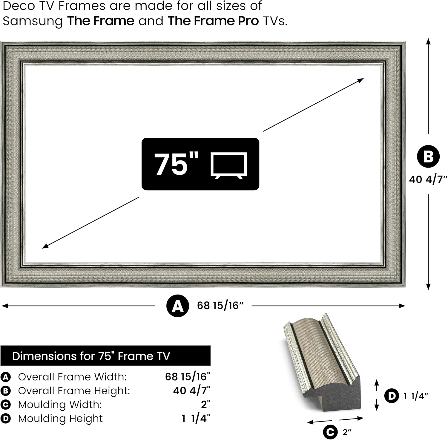 Industrial Nickel 75' Slim Deco TV Frame - Compatible ONLY with Samsung The Frame TV and Pro TVs (Fits 2021-2026, LS03A, LS03B,LS03C,LS03D,LS03FA,LS03FW)