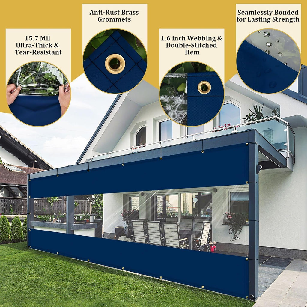 Shade&Beyond Outdoor Vinyl Curtain, 12'W x 20'L Heavy Duty Clear Tarp with Grommets Waterproof, Privacy Clear Panel UV-Resistant for Pergola Gazebos Porch Enclosure Patio(Customized Size, Blue)