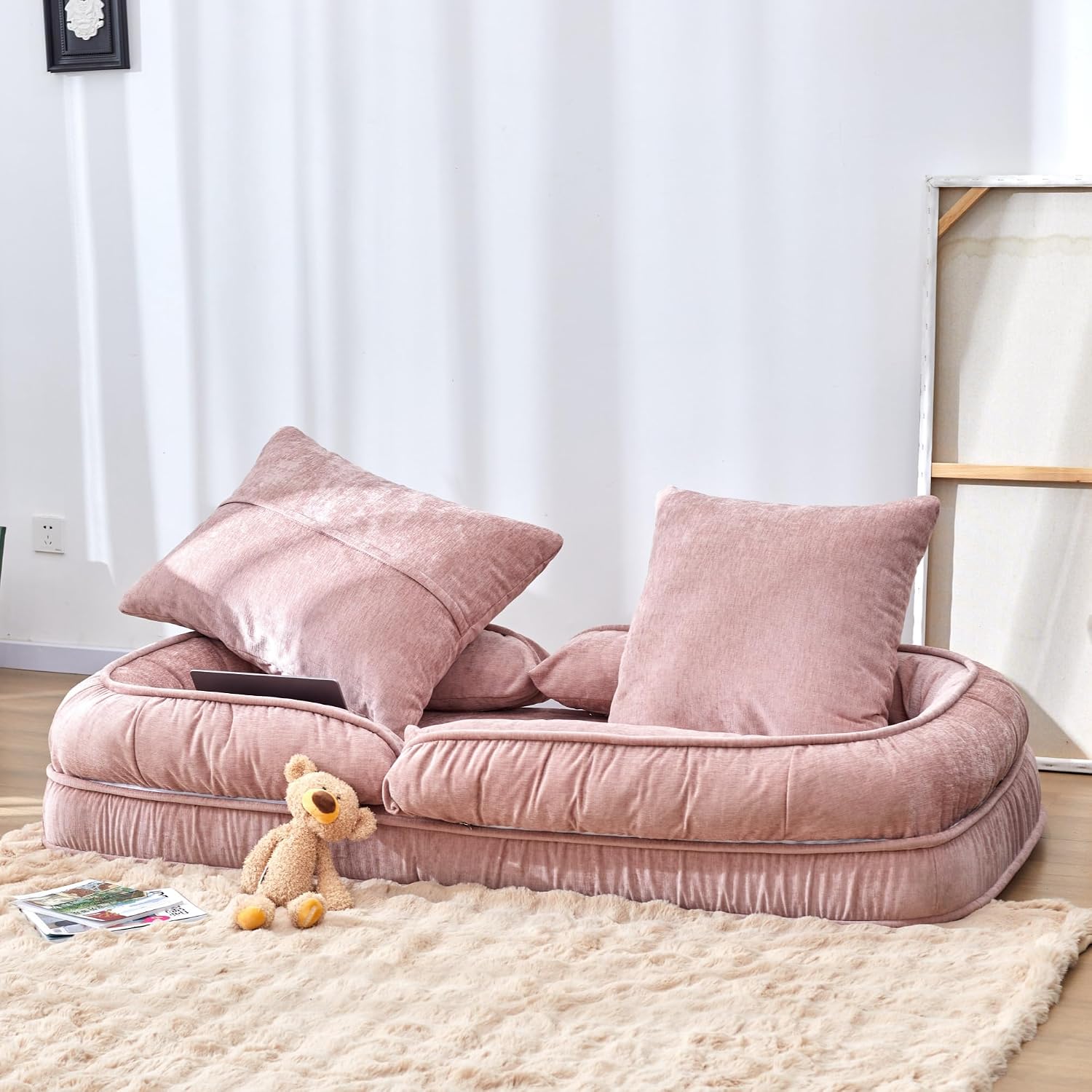 LouannTatami Foldable Lazy Sofa Bed Floor Chair - Adjustable Human Dog Bed for Adults Kids Floor Seats - Cozy Small Couch for Home Living Room(Pink)