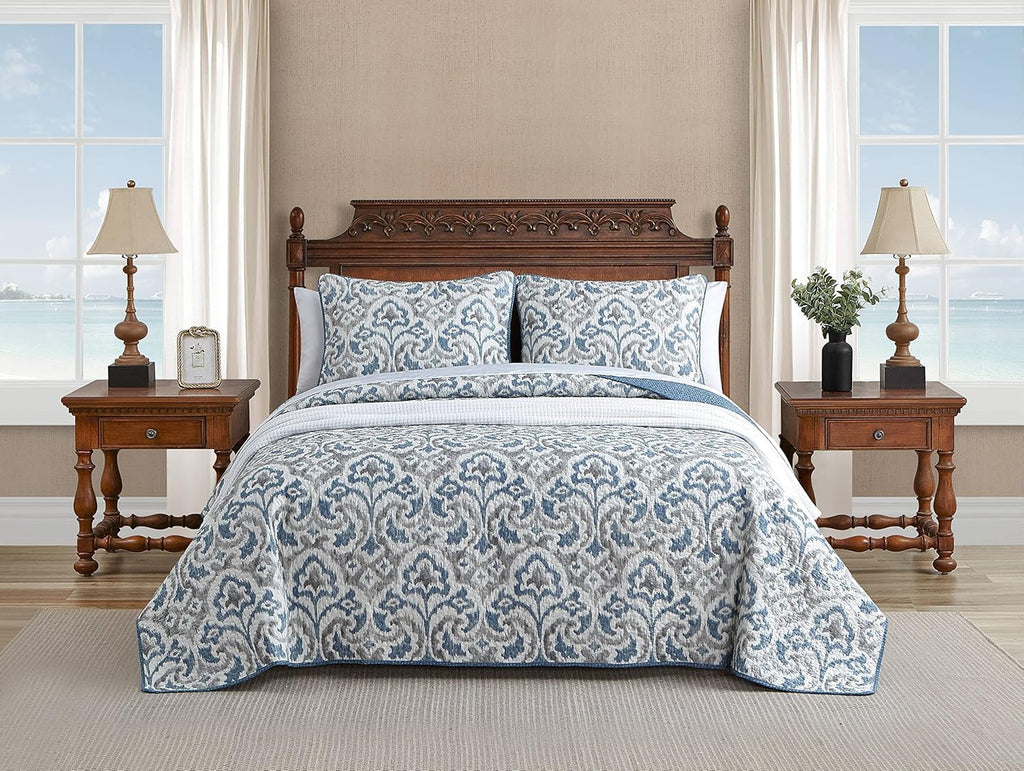 Tommy Bahama - King Quilt Set, Soft & Reversible Woven Bedding with Matching Pillowcases, Medium Weight for Year Round Comfort, 3 Piece Bed Set (Cape Verde Smoke)