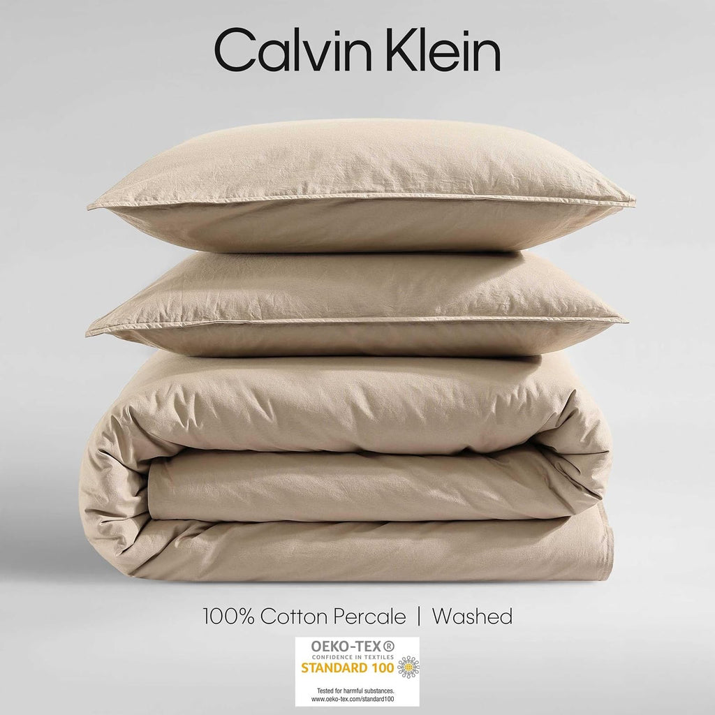 Calvin Klein - King Comforter Set, Modern Cotton Washed Percale Bedding with Matching Shams, Oeko-Tex Certified (Washed Percale Camel Brown, King)