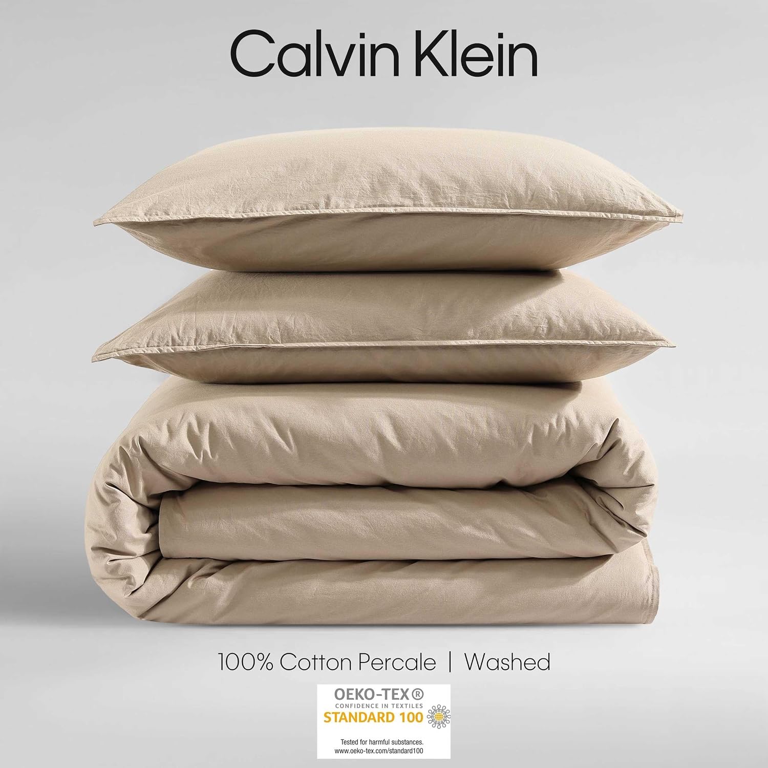 Calvin Klein - King Comforter Set, Modern Cotton Washed Percale Bedding with Matching Shams, Oeko-Tex Certified (Washed Percale Camel Brown, King)