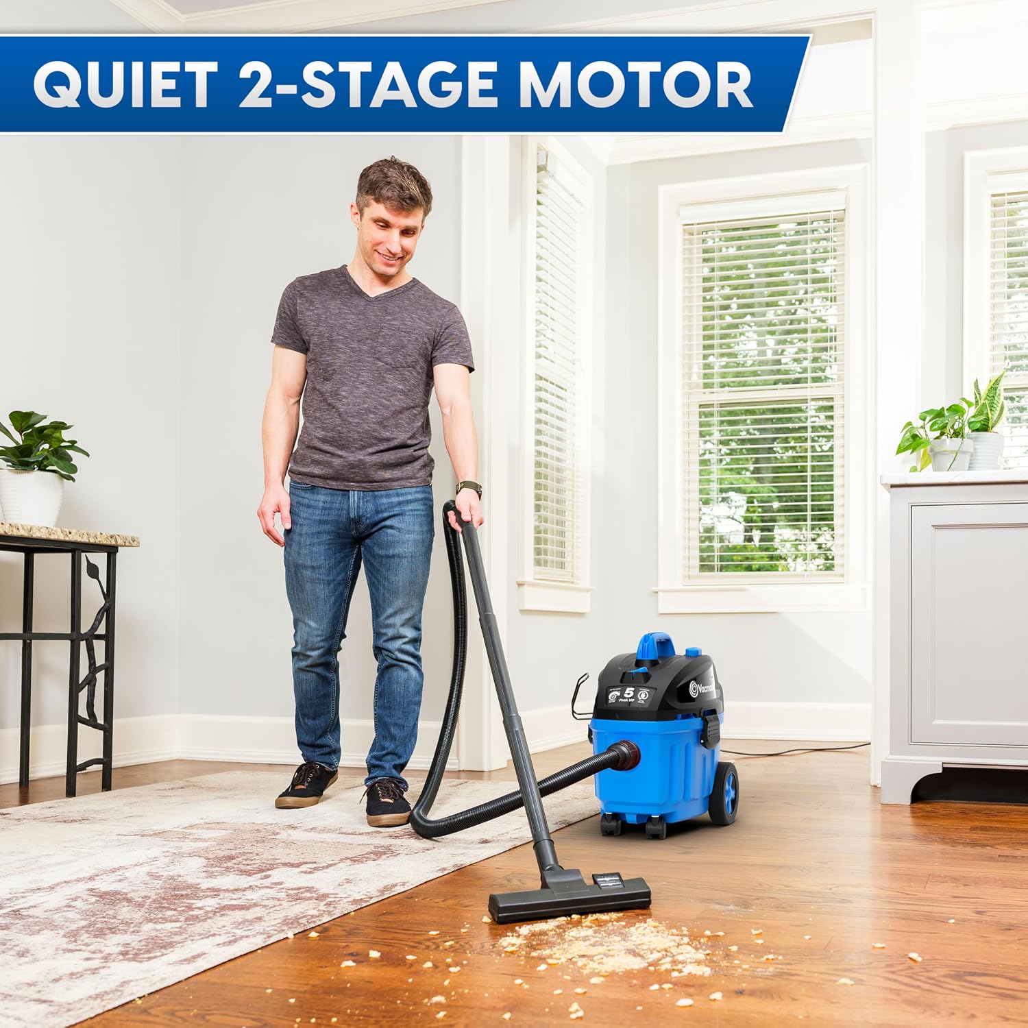 Vacmaster 4 Gallon, 5 Peak HP with 2-Stage Industrial Motor Wet/Dry Floor Vacuum, VF408, Blue