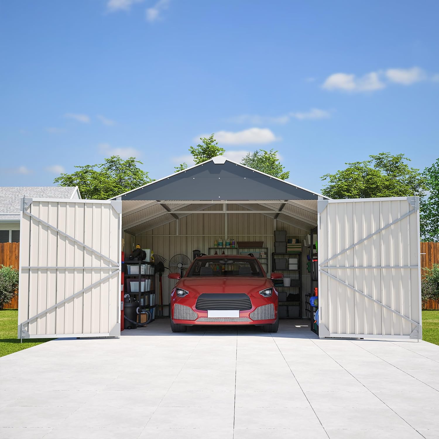 KEIKI 12x20 FT Outdoor Metal Storage Shed Garage with Double Doors, Large Capacity Steel Utility Shed for Vehicle Equipment and Garden Tool Storage, Weather Resistant Backyard Shed