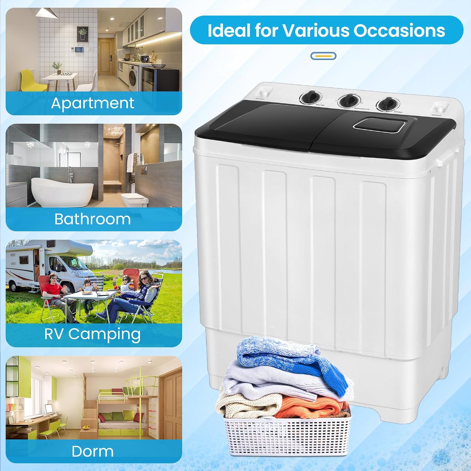 Nictemaw Portable Washing Machine 30Lbs Capacity Washer and Dryer Combo 2 In 1 Compact Twin Tub Laundry Washer (19Lbs) & Spinner (11Lbs) with Built-in Drain Pump, Time Control, for Apartment Dorms RV