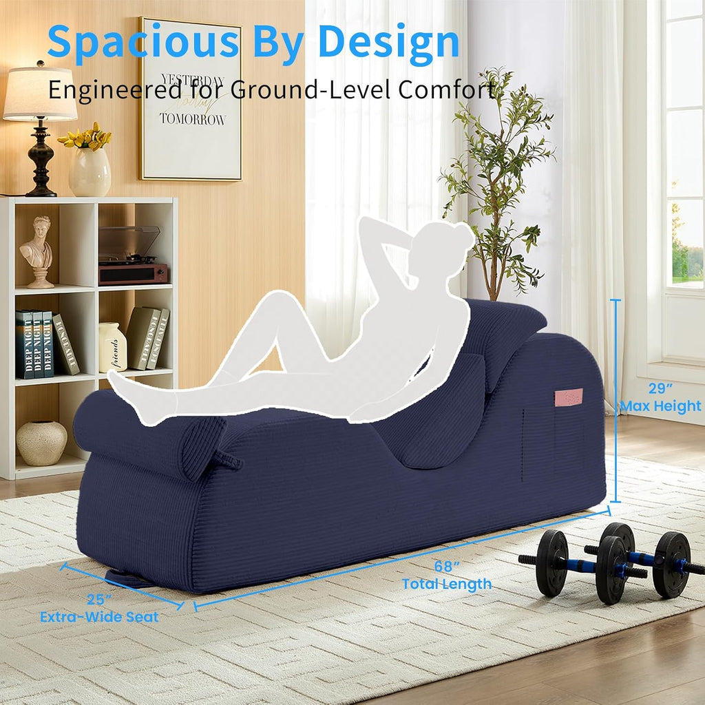 ijuicy 25' Wide Ergonomic Yoga Chair, Stretch Yoga Chaise Lounger with Adjustable Headrest, Waist Cushion, Movable Footrest, Side Pockets, Modern Reading Chair -Blue
