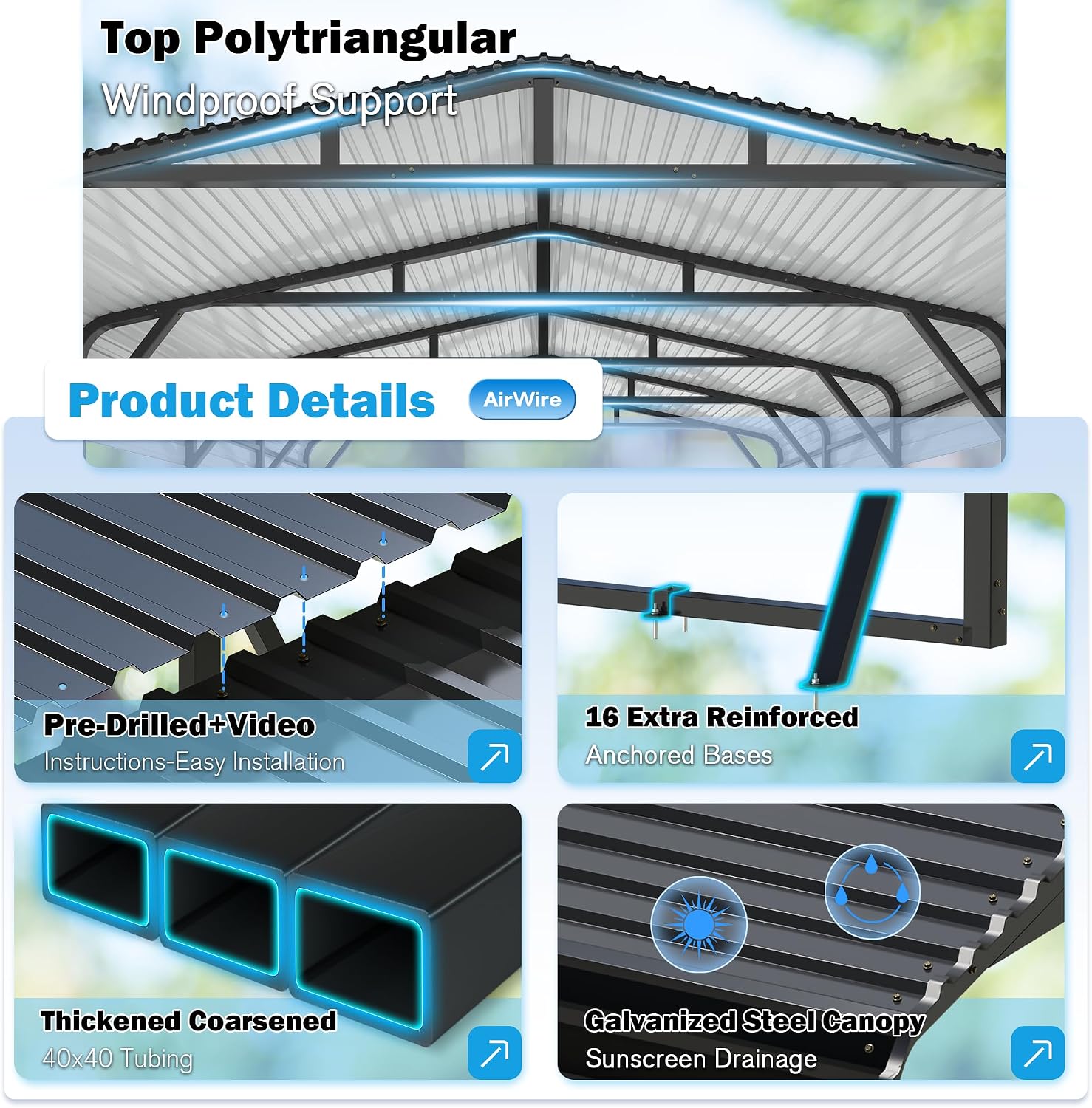 AirWire 20'X30' Heavy Duty Carport Canopy for 2 Car, Metal Car Port Garage with Galvanized Steel Roof and Reinforced Stable Triangle Frame Base, Large Car Tent Shelter for Car, Pickup, Tractor, Boat