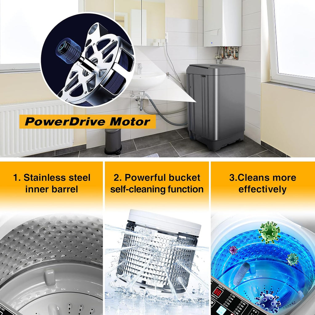 Portable Washing Machine, 25Lbs Capacity Portable Washer with Drain Pump, Full-Automatic Washer with 10 Programs & 8 Water Levels for Apartment, Dorms, Home, Grey