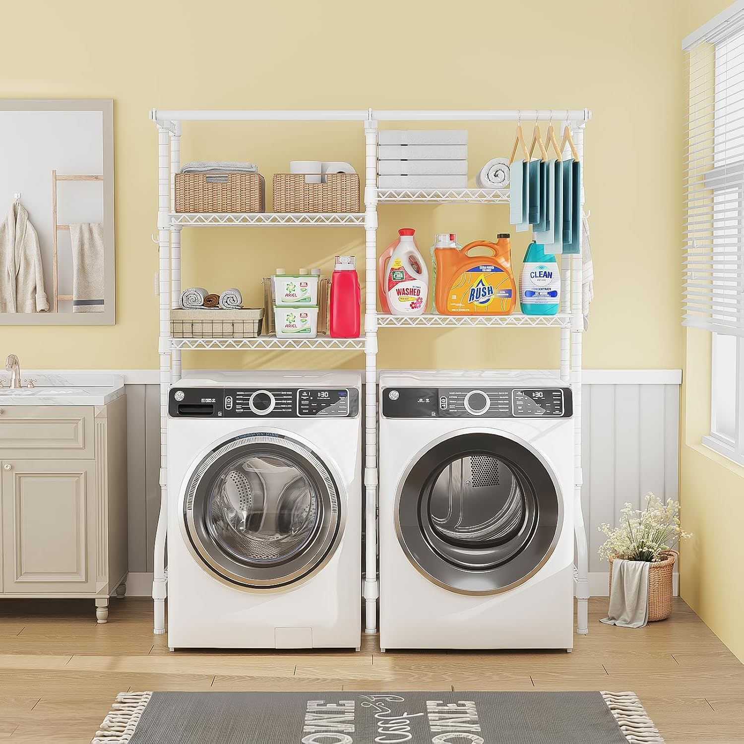 ULIFHOME U14 Medium Over the Washer and Dryer Shelves, 4 Tiers Laundry Room Storage and Organizer System, Space Saving Clothes Drying Rack with 2 Clothes Hanger Rods, 57.8'W x 20.5'D x 77.4'H, White
