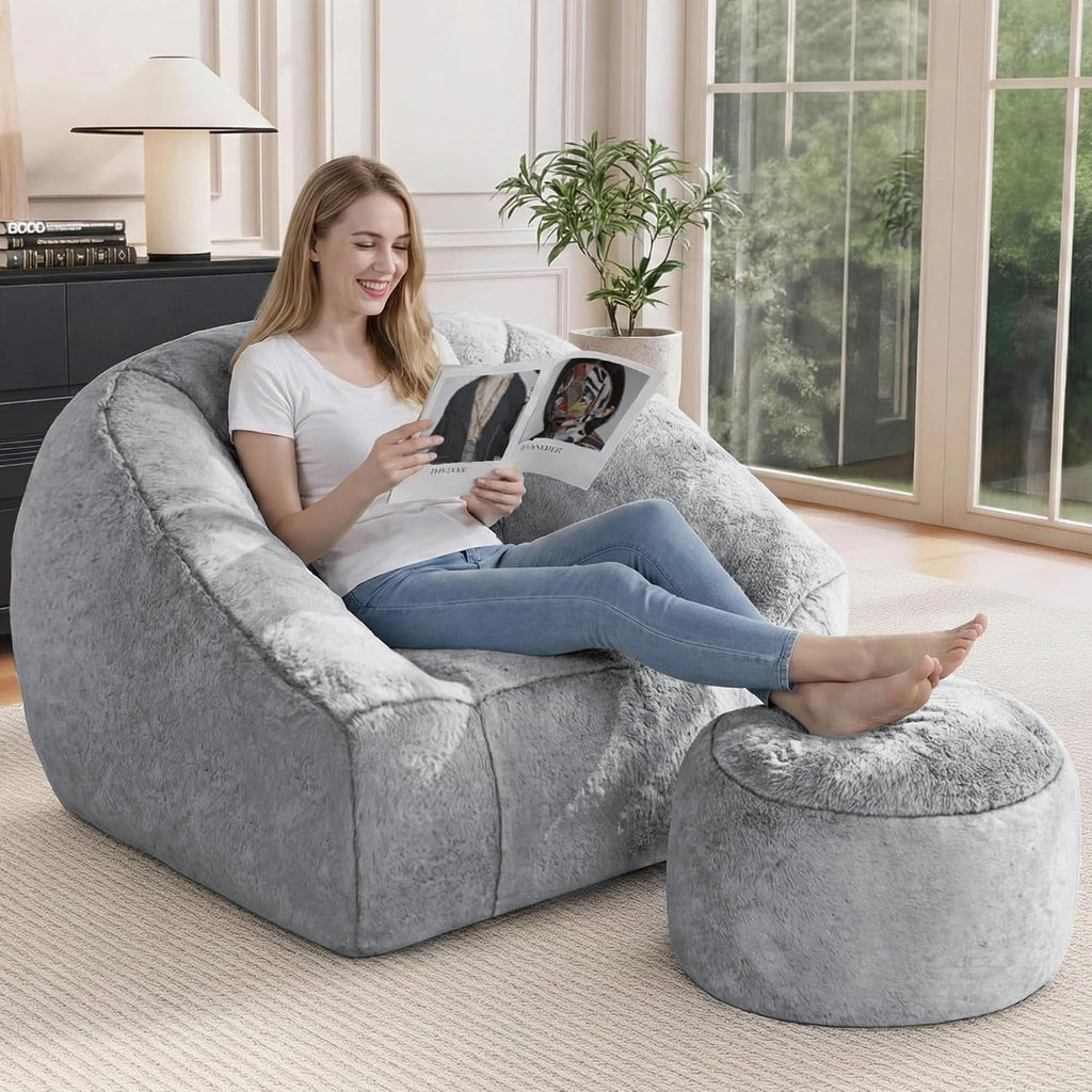 Bean Bag Chairs with Ottoman for Adults, Comfy Beanbag Chair with High-Resilience Foam, Oversized Bean Bag Sofa with Soft Faux Fur Fabric, Bean Bag Chair for Living Room,Bedroom,Light Grey