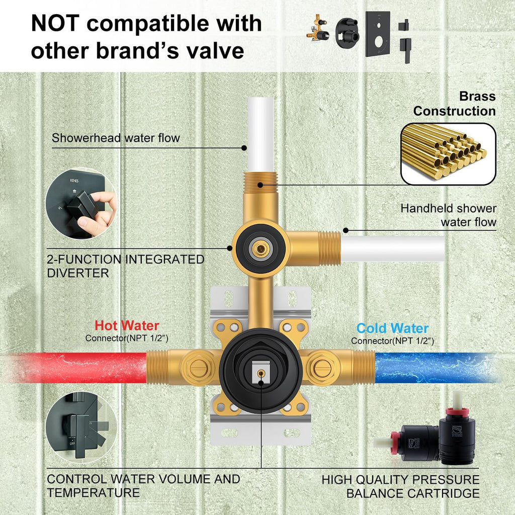 KENES Matte Black Rainfall Bathroom Shower System Rain Shower Head and Handle Set, Shower Faucet Set with 10-Inch Rain Showerhead and Handheld Spray, (Shower Valve Included), LJ-6026A-2
