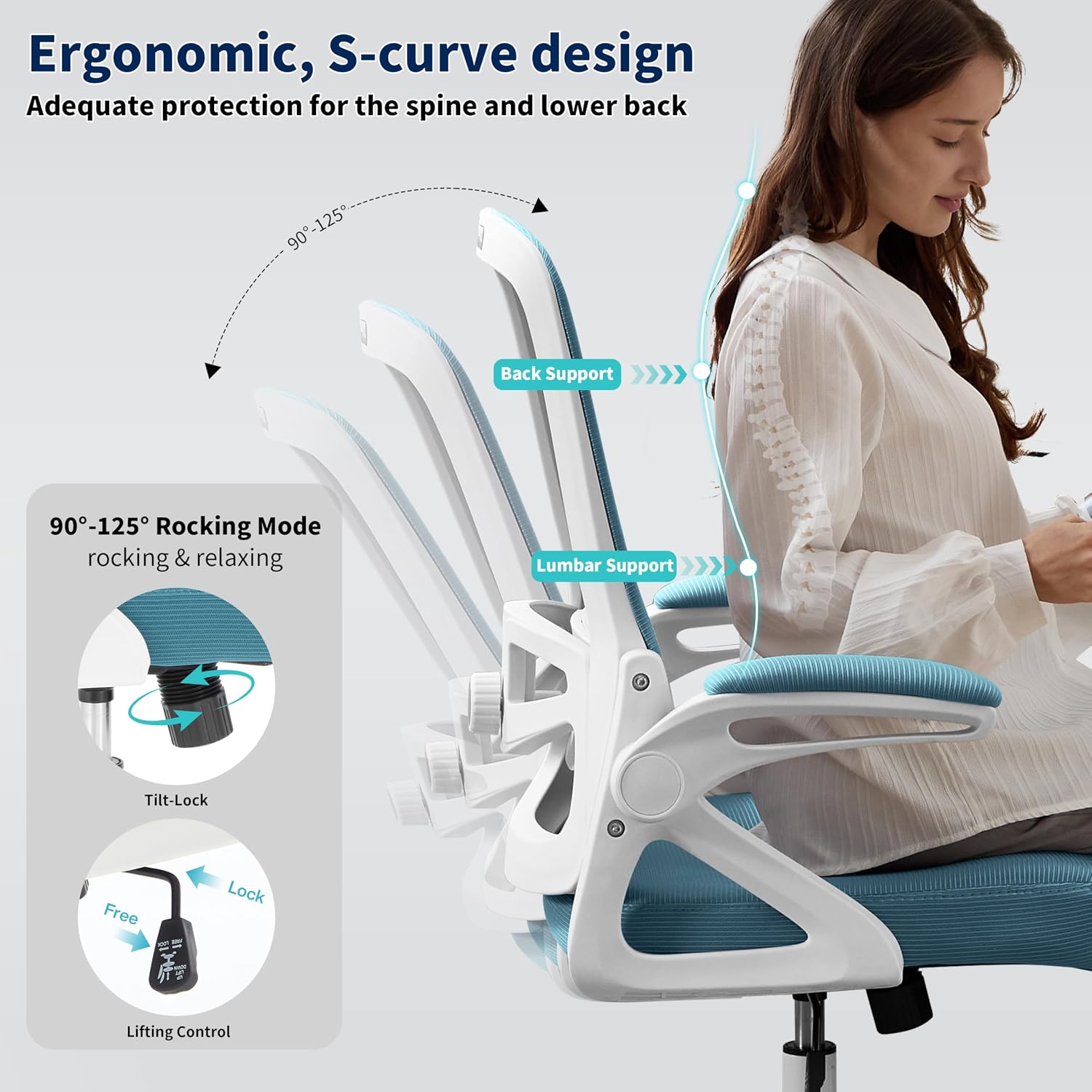 Ergonomic Office Chair, Desk Chair with Adjustable Lumbar Support, Breathable Mesh Comfy Computer Chairs with Flip-up Armrests Executive Task Chair for Adults Home Office (Lake Blue)