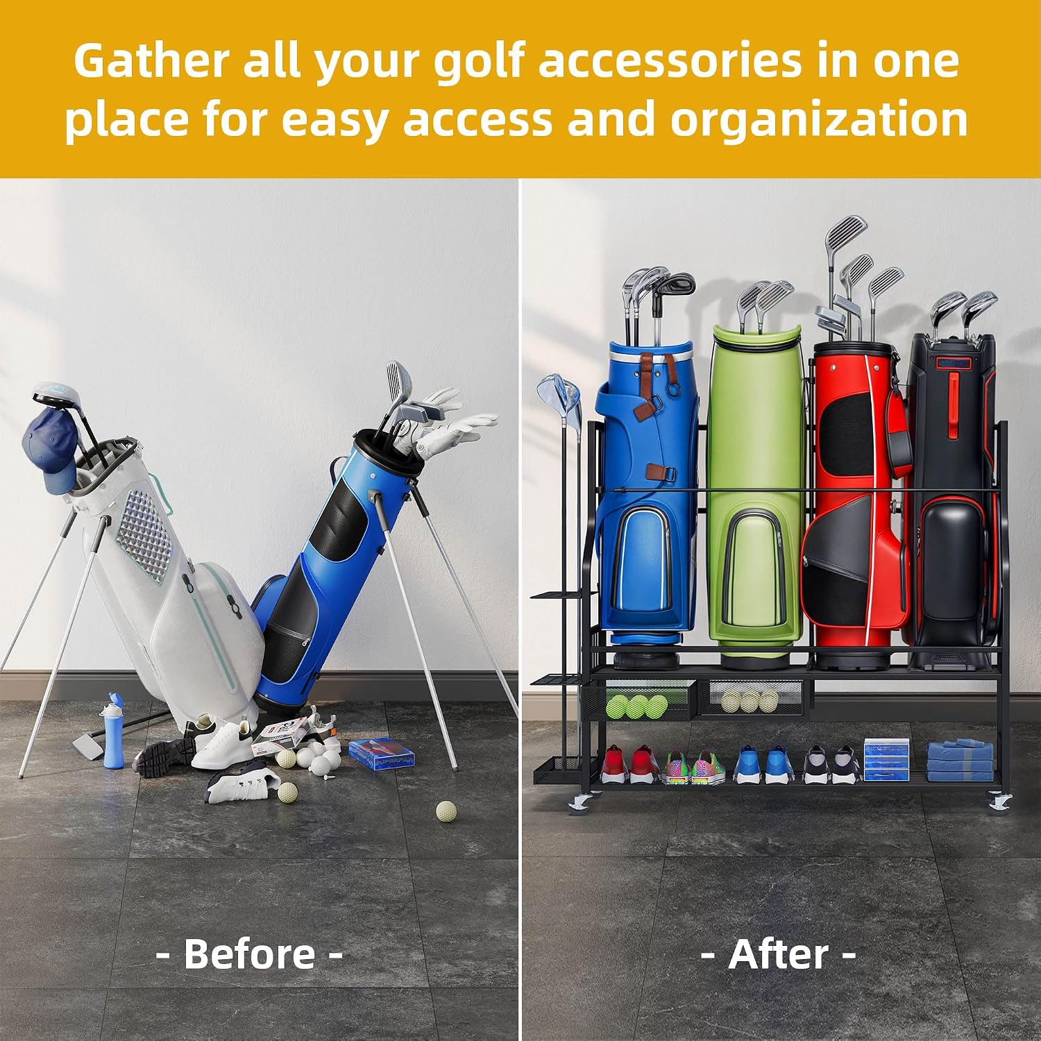 DWVO Golf Bag Organizer for Garage, Golf Storage Organizer w/Wheels for Garage Club and Shed, Golf Bag Storage Rack w/Drawer for Golf Bags, Clubs, Balls and Other Equipment Accessories