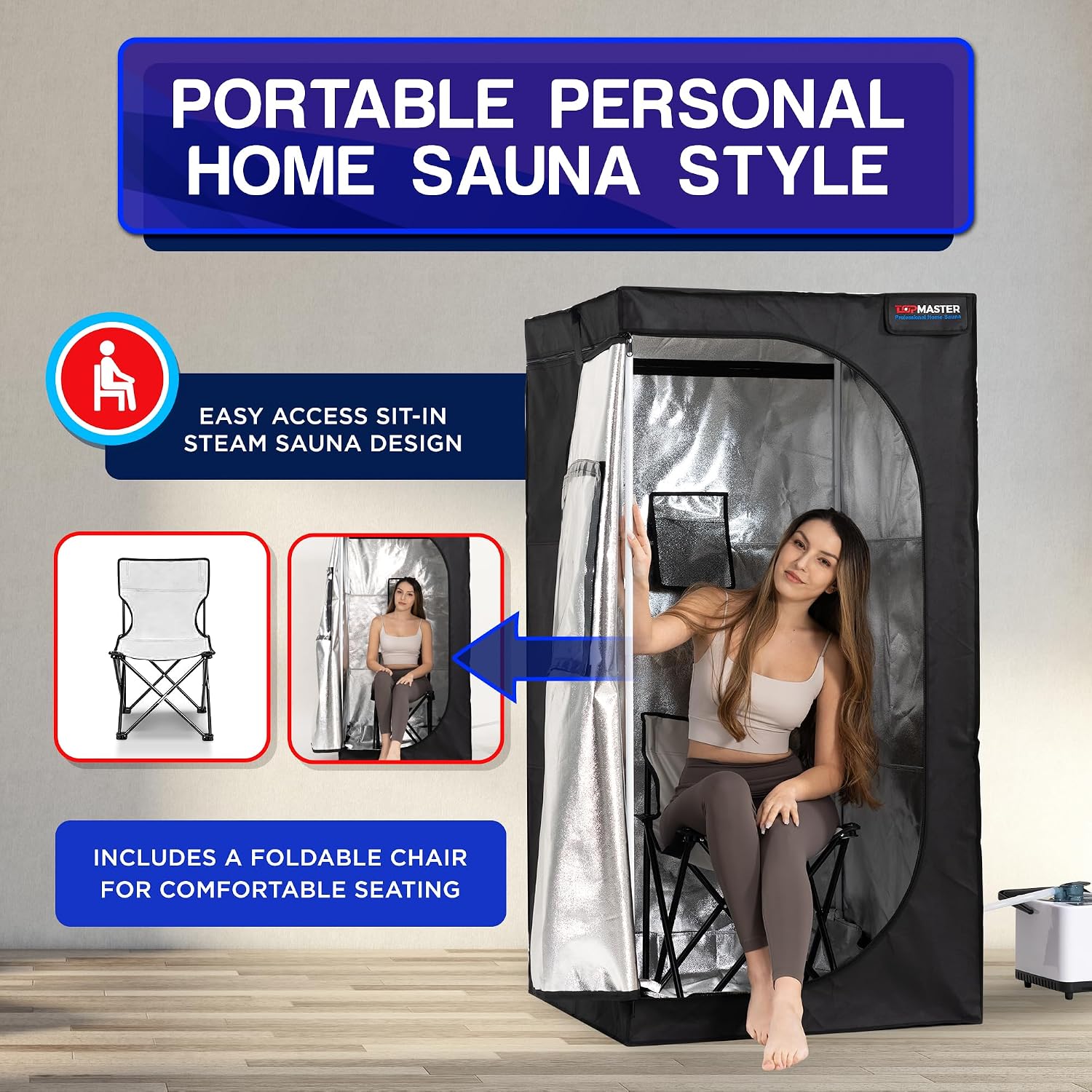TopMaster Portable Sauna Steam Tent, Full Size Home Personal Sauna Box Steam Room, Large 3 Liter 1000W Generator, Folding Chair, 9 Levels,
