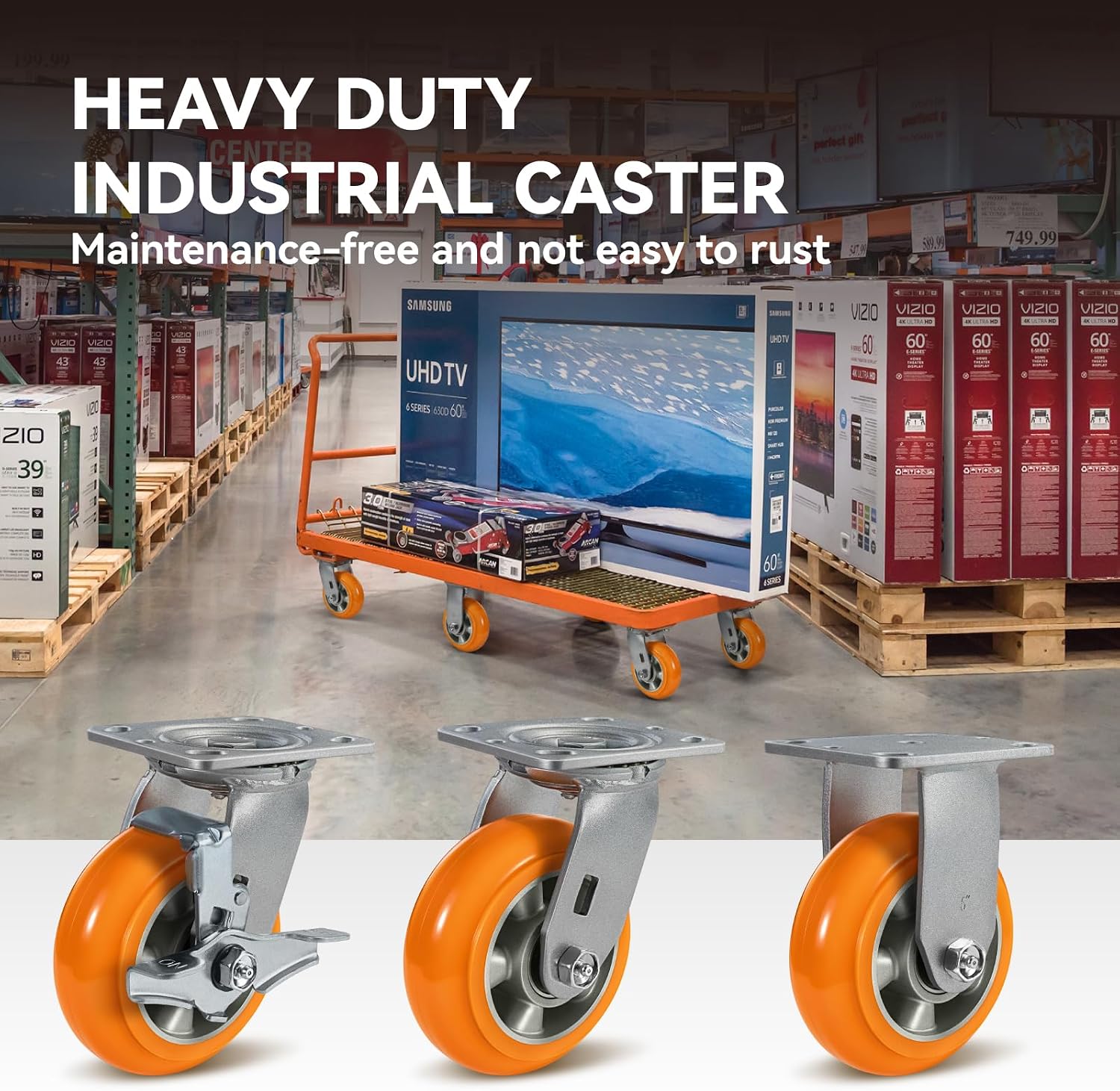 Caster Wheels, 5' Heavy Duty Industrial Swivel Caster, Crowned Tread Aluminum Core Thickened Polyurethane Casters Set of 4 with Load 4000lbs Capacity, Wheels for Cart Toolbox (4 Swivel)