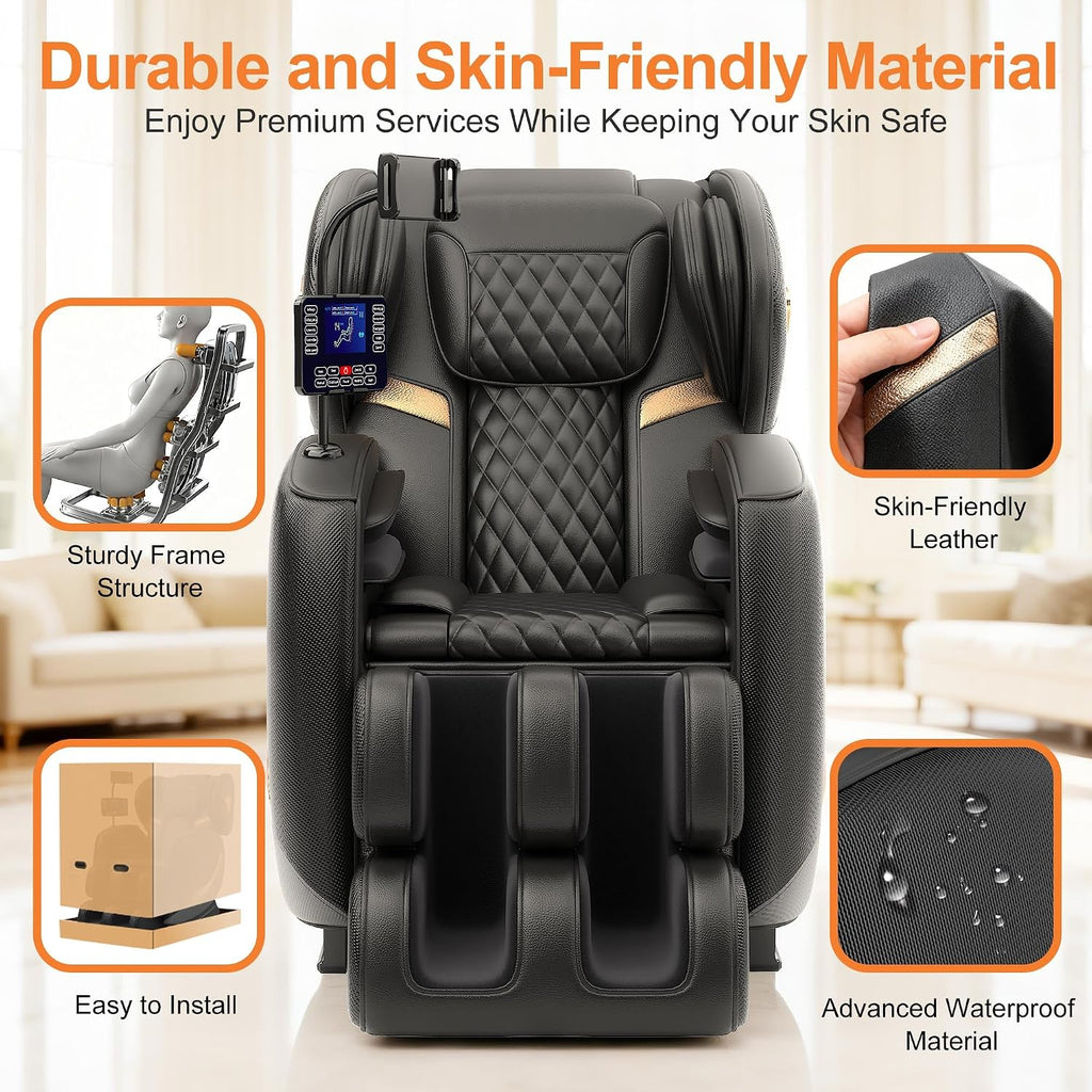 Massage Chair Full Body and Recliner, Zero Gravity Massage Chairs, 10 Fix Rollers, Airbags, Heating, Foot Massage, Auto Modes, Bluetooth Speaker and Touch Control Screen for Home and Office (Black)