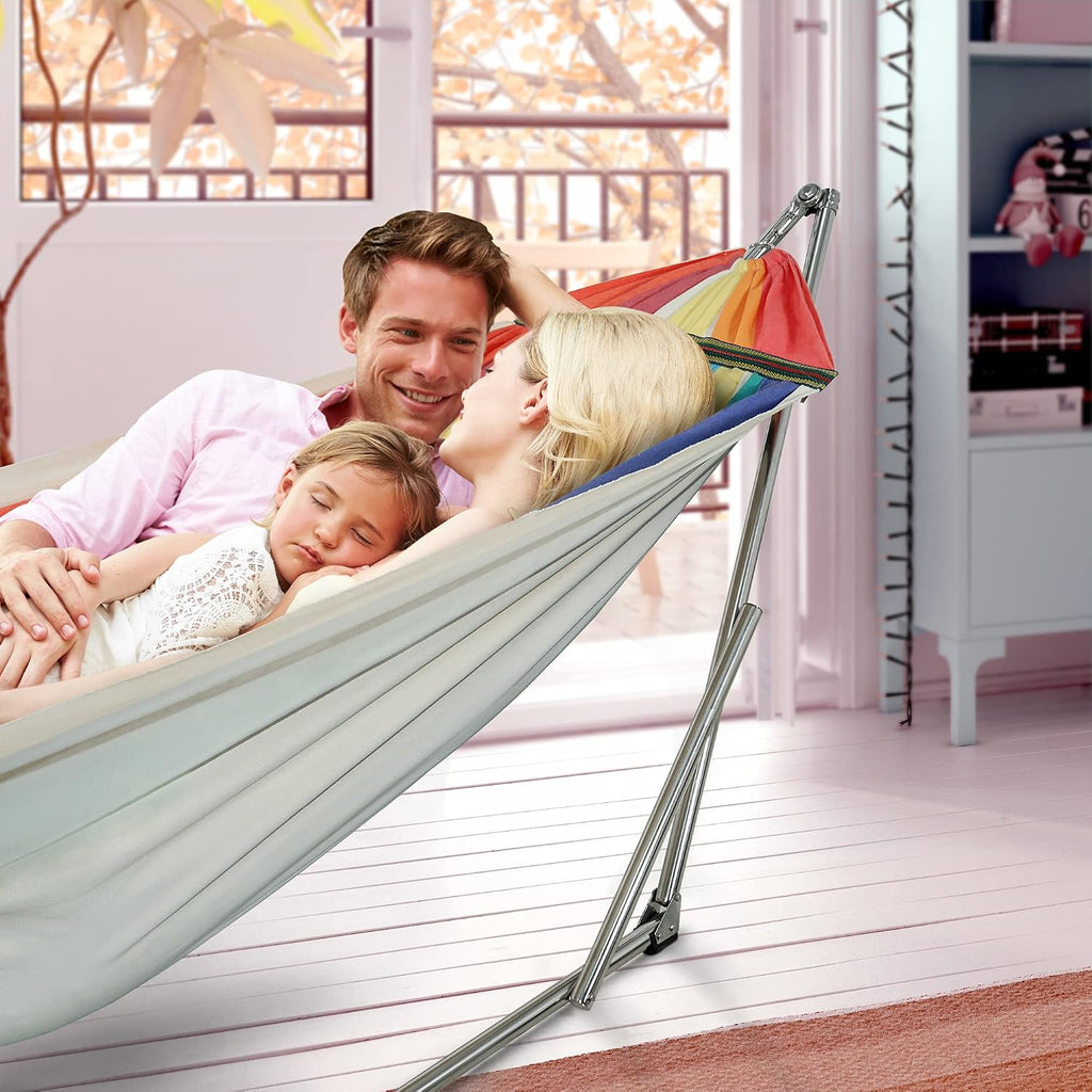 Tranquillo Double Hammock with Stand 550lb Capacity Double Hammock with Spreader Bar, Solid Grade 201 Stainless Steel 30s Set Up, Sturdy Flexible Hammock Stand Portable, Outdoor Indoor, Rainbow