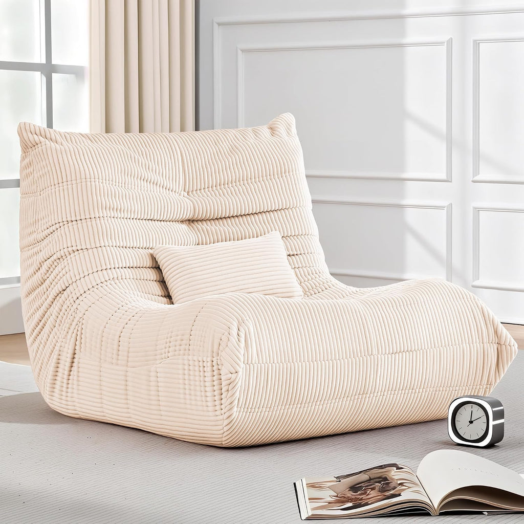 Bean Bag Chair for Adults, Giant Bean Bag Chairs with Lumbar Pillow, Oversized Corduroy Memory Foam Boneless Chair with High-Rebound, Lazy Floor Sofa for Reading Gaming Living Room Bedroom, Beige