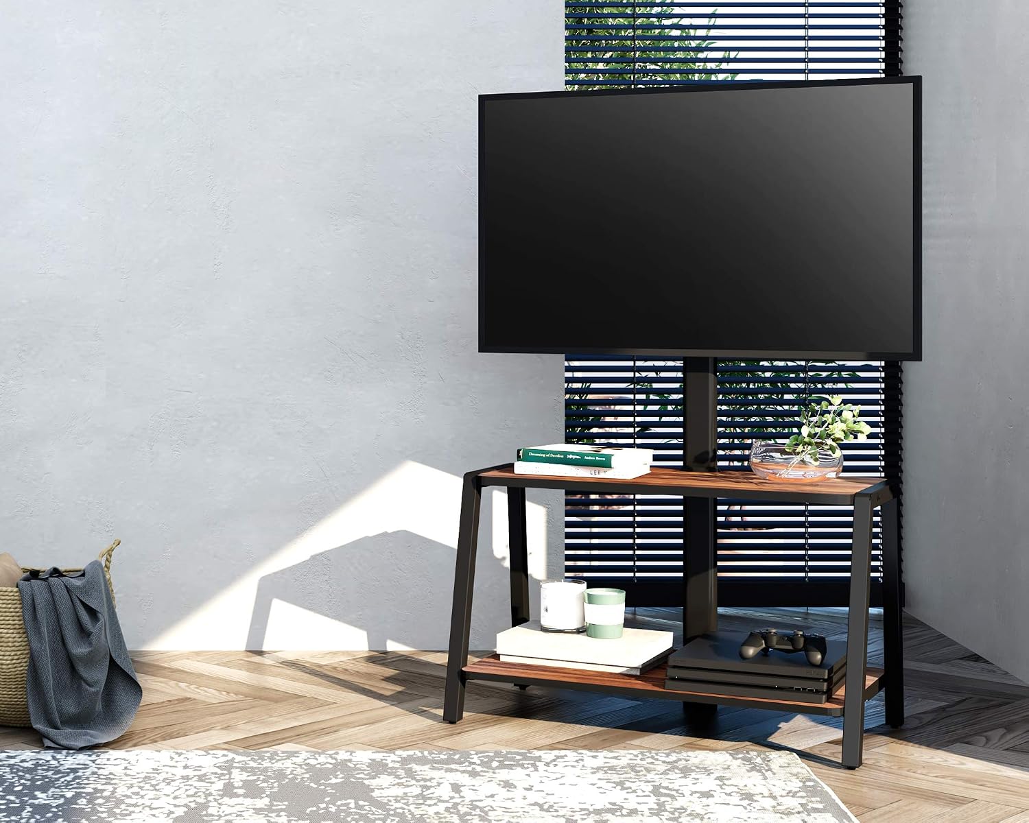 FITUEYES Wood TV Stand with Mount for 32-55 inch TVs, 2 Tier Entertainment Center with Storage for Bedroom & Corner, Tall Wooden TV Mount Stands & Metal Mount - Max Load 77lbs for Flat Screen
