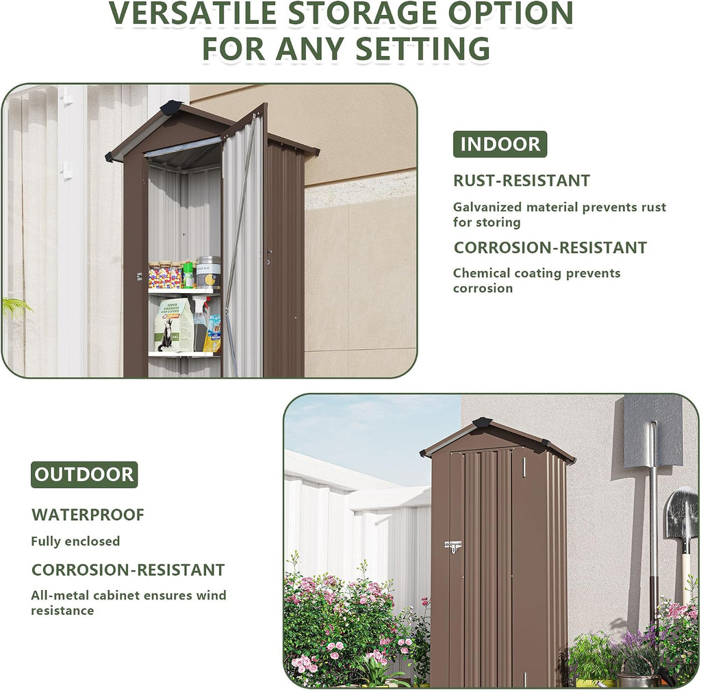 Metal Garden Storage Shed with Lockable Door, Garden Tool Shed with Adjustable Shelves (Brown)