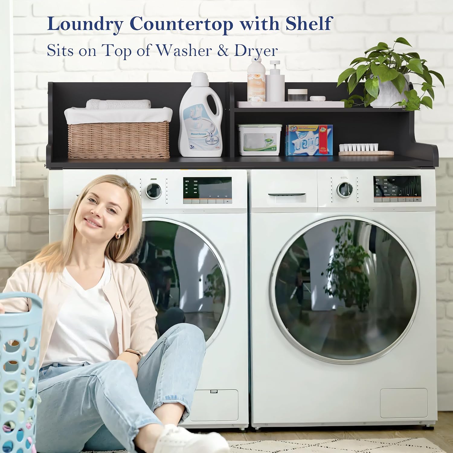 DTK Washer Dryer Wood Countertop with Shelf, Laundry Topper with Non-Slip Mat,27.55' Depth x 54' Width Dryer Covers for The Top with Edge Rails, Black