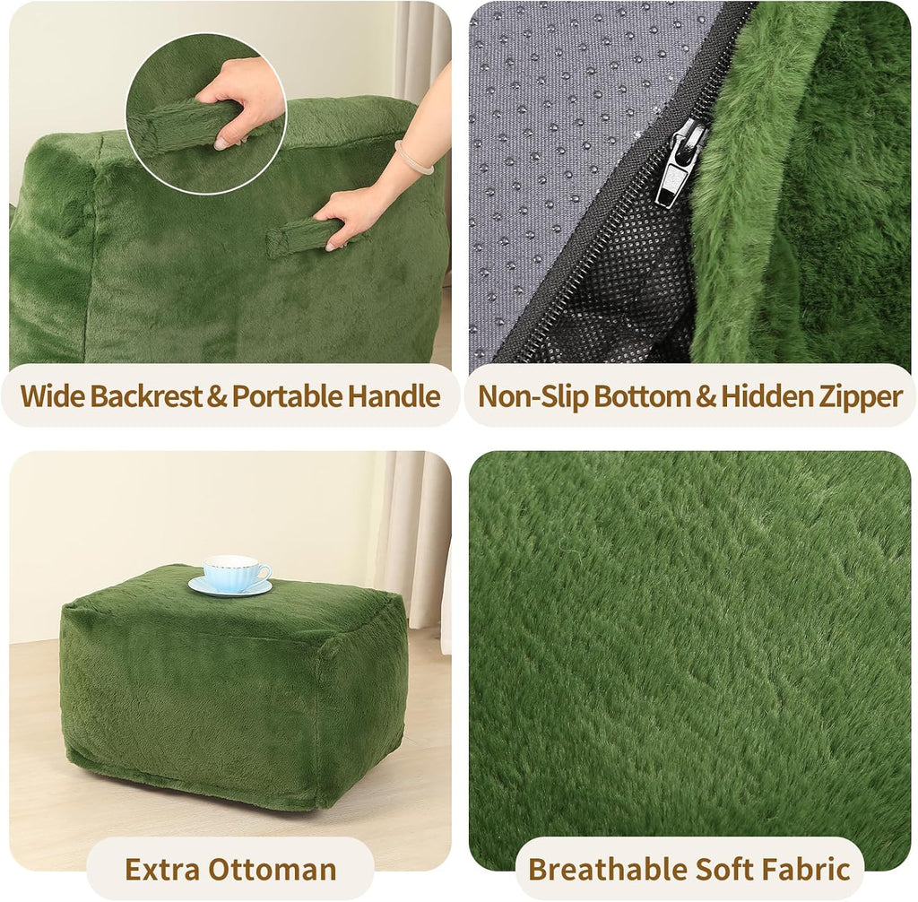 MOMCAYWEX Comfy Gaint Bean Bag Chair with Ottoman, Huge Bean Bag Armchair for Adults and Teens, Green