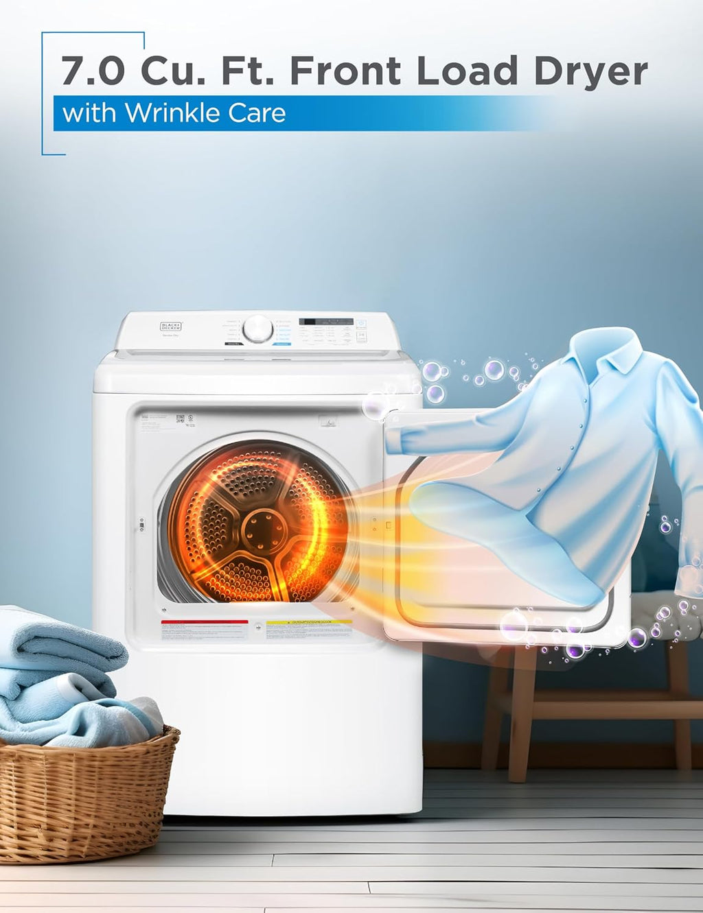 BLACK+DECKER 7.0 Cu. Ft. Front Load Dryer, Electric Clothes Dryer with LED Display and Dial Control, 5 Sensor and Manual Dry Selections, 240V, Requires Professional Installation, BLD67ME, White