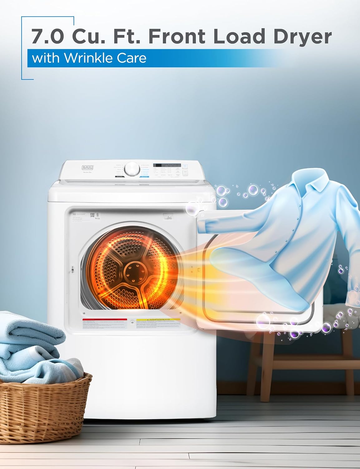 BLACK+DECKER 7.0 Cu. Ft. Front Load Dryer, Electric Clothes Dryer with LED Display and Dial Control, 5 Sensor and Manual Dry Selections, 240V, Requires Professional Installation, BLD67ME, White