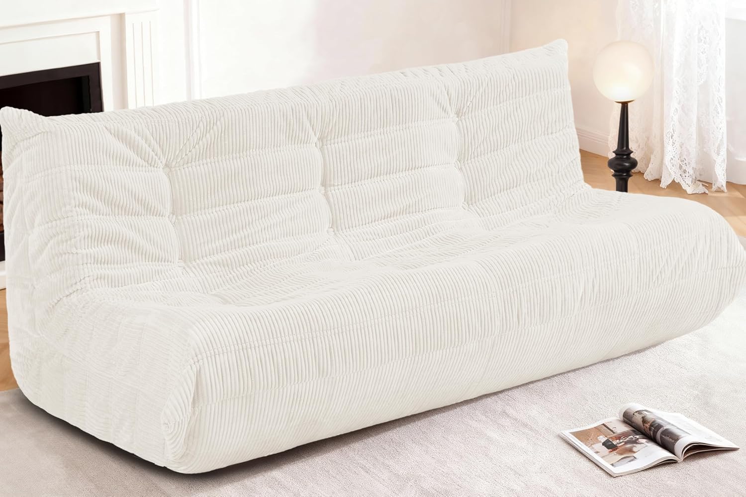 Bean Bag Chair,Giant Beanbag Chairs for Adults,Comfy Large Fireside Chair Lazy Sofa,Corduroy Bean Bag Lounger with Memory Foam Filled,Floor Sofa Couch for Home,Living Room (Beige, 3-Seater)