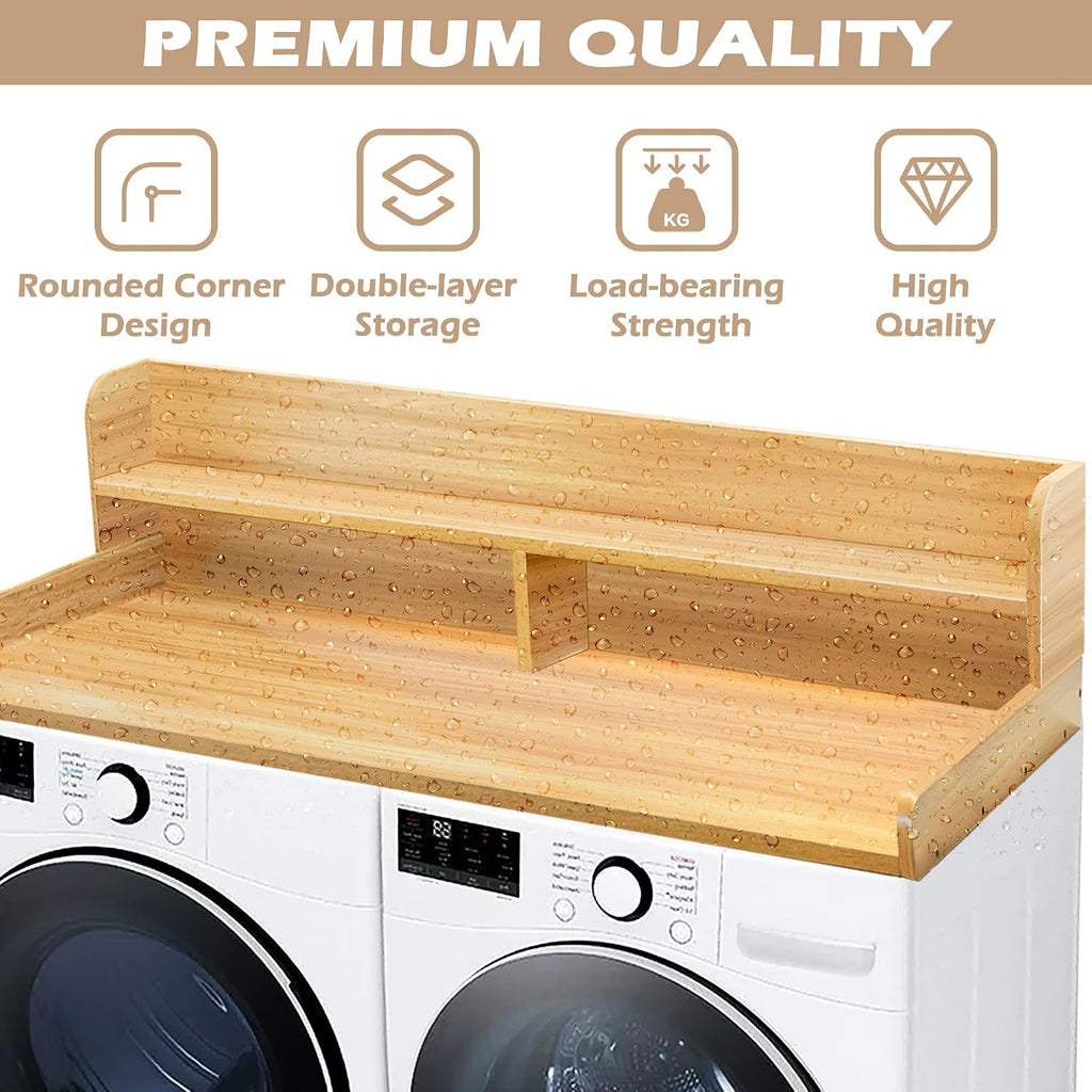 Royxen Laundry Countertop with 2-Tier Shelf Universal Fit, Washer and Dryer Countertop with Storage Space, Shelf Height 11.5 Inches, Solid Wood Core, Oak