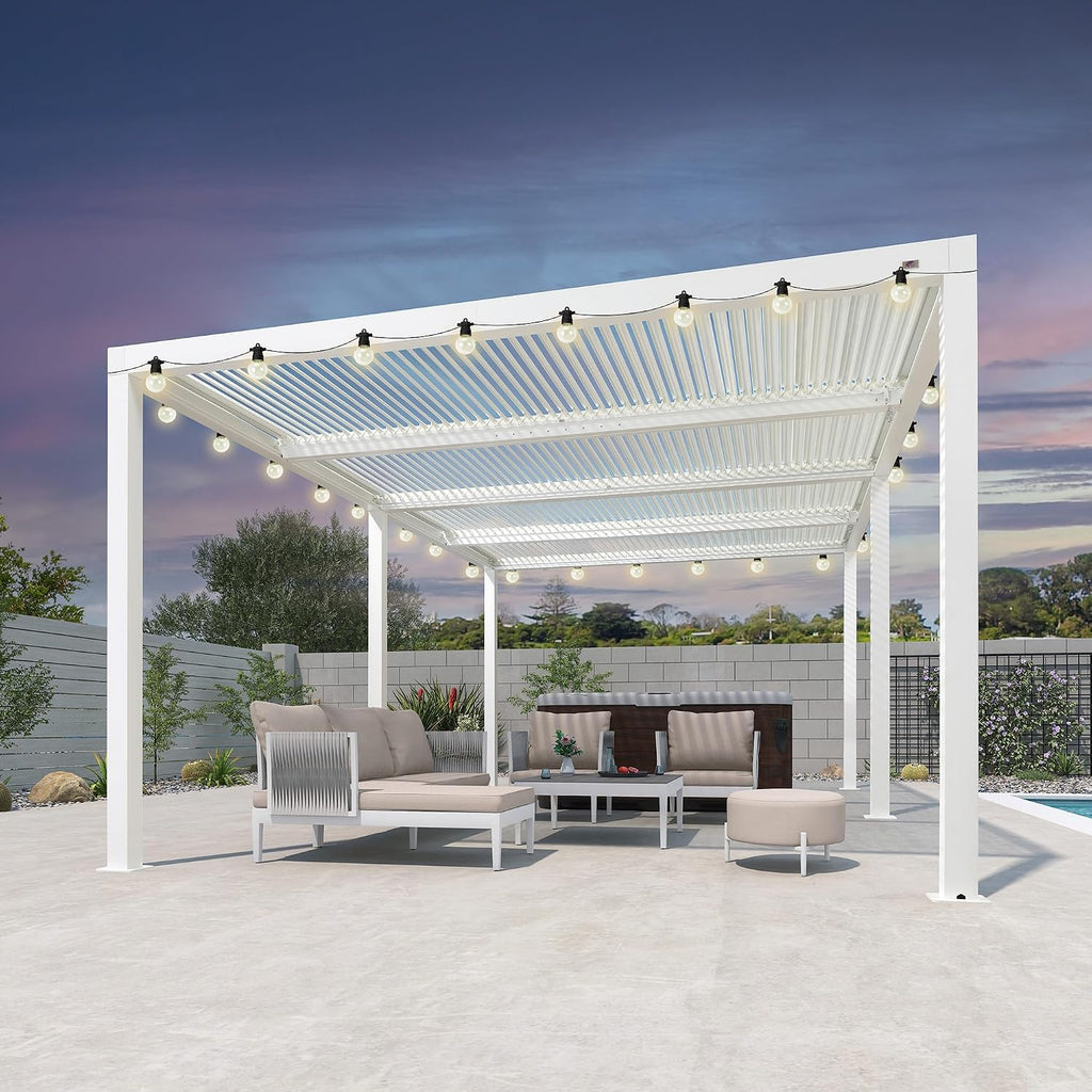 PURPLE LEAF Outdoor Louvered Pergola 12'x20' White Aluminum Modern Pergola with 4 Independently Adjustable Louver Roof Hardtop for Patio Garden