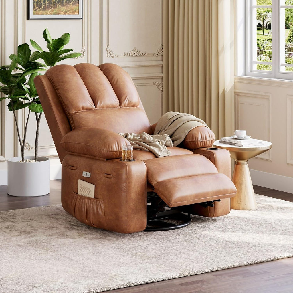 GarveeHome Oversized 27' Power Recliner Chair with Heat and Massage - 360° Swivel Faux Leather Rocking Chair for Adults with Cup Holder for Living Rooms, Bedrooms, Nurseries - Coffee