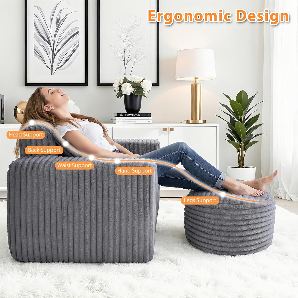 HABUTWAY Bean Bag Chair for Adults with Pillow, Giant Bean Bag Chairs with Ottoman, Comfy Dorm Chair with High Backrest & Wider Armrest, Lounger Chair Indoor for Bedroom Living Room(Grey)