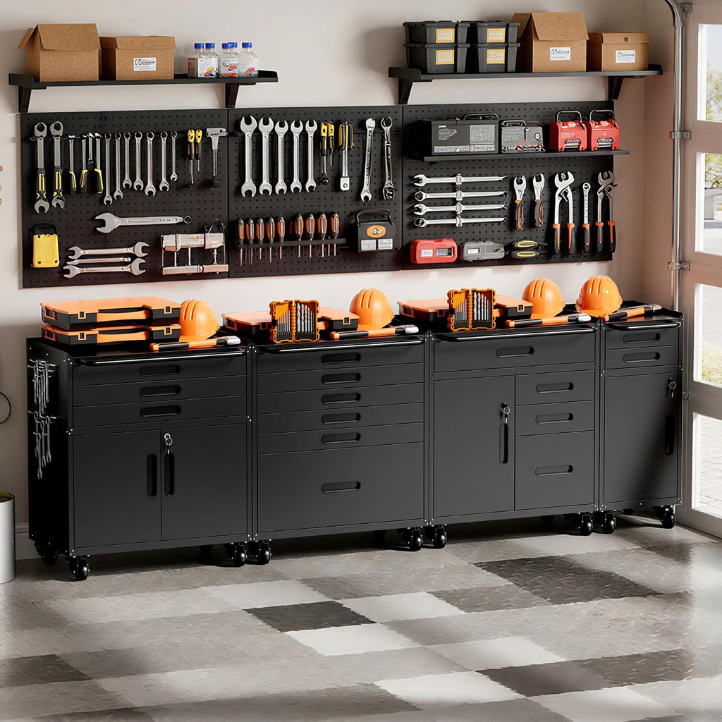 Garage Storage Cabinet,Metal Rolling Tool Cabinet with 2 Pegboard and 10 Hook,Heavy Duty Mechanics Tool Chest Storage for Workshop, Basement,Warehouse,Include Workbench Liner,Black