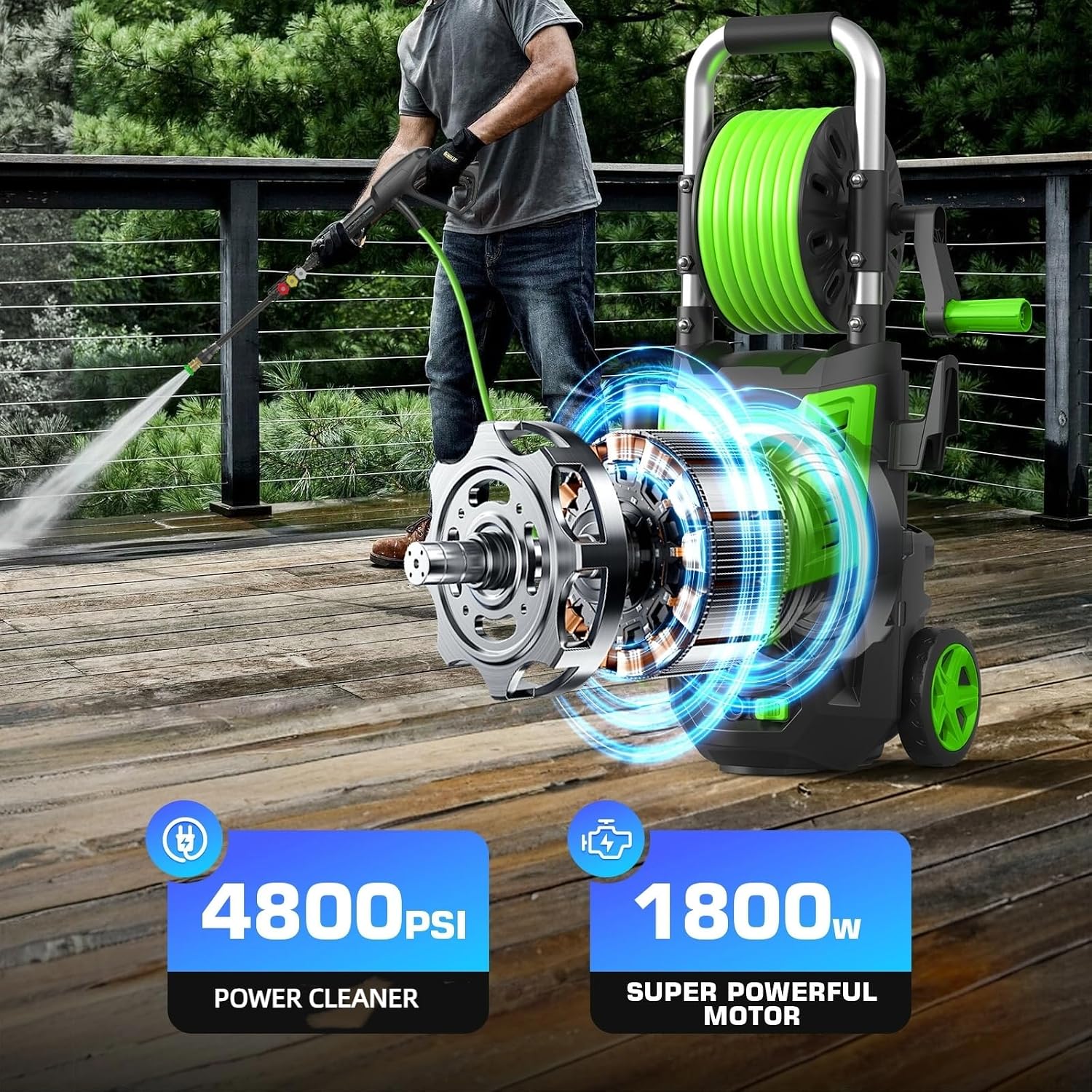 4800 PSI Electric Pressure Washer- 4.0 GPM High Power Washer with 33FT Hose Reel, 4 Spray Tips and Soap Bottle for Car Washing, Fence Cleaning, Patio Maintenance（Upgraded）(Green)